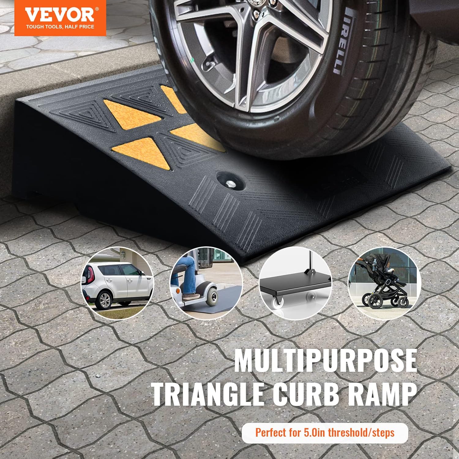 Detalle de VEVOR Rubber Curb Ramp 5" Rise Height (2 Pack) — Heavy-Duty 15 T Threshold Ramps for Cars, Carts, and More