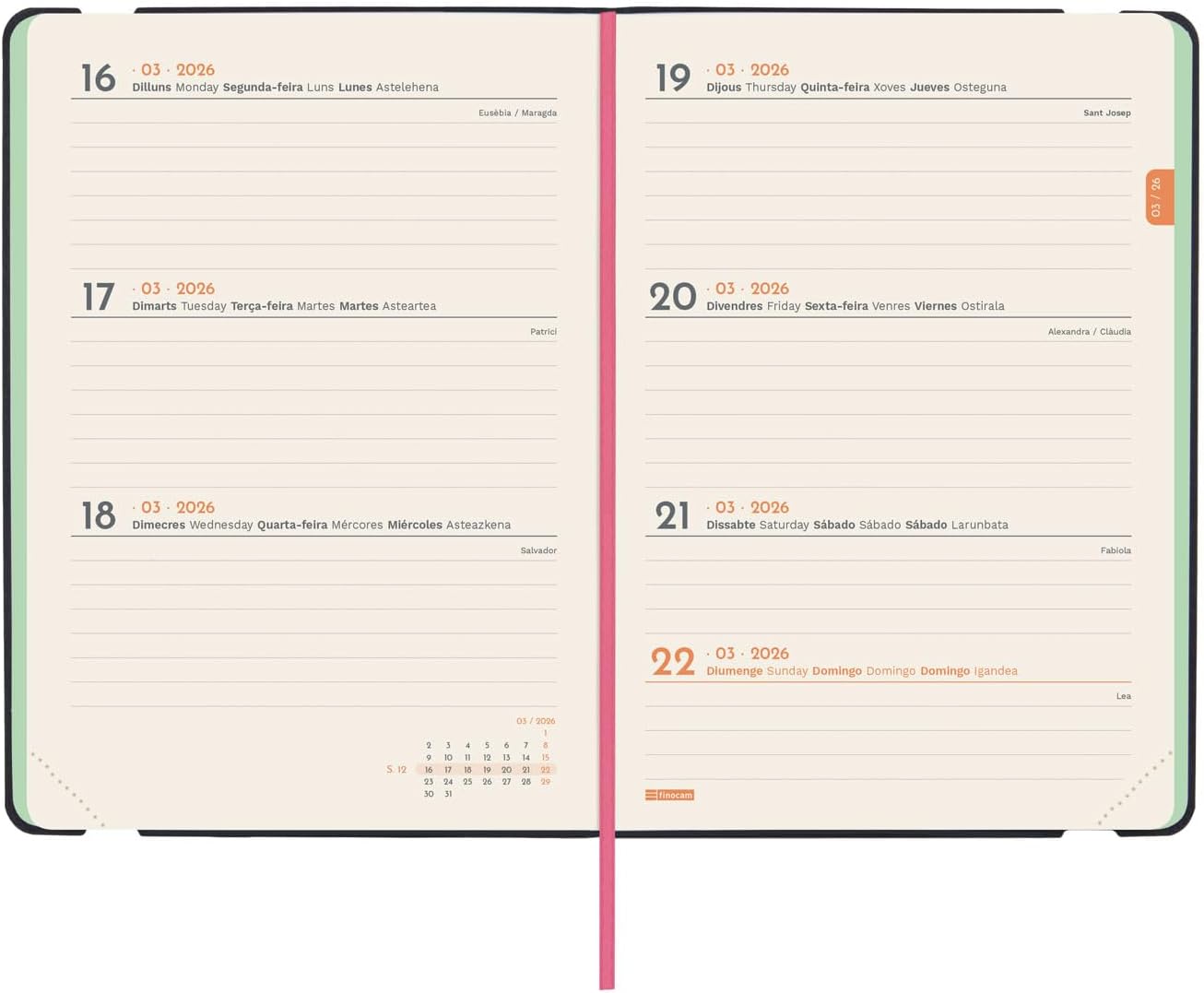 Detalle 2 de Finocam Agenda 2026 Semana Vista Horizontal 12 meses