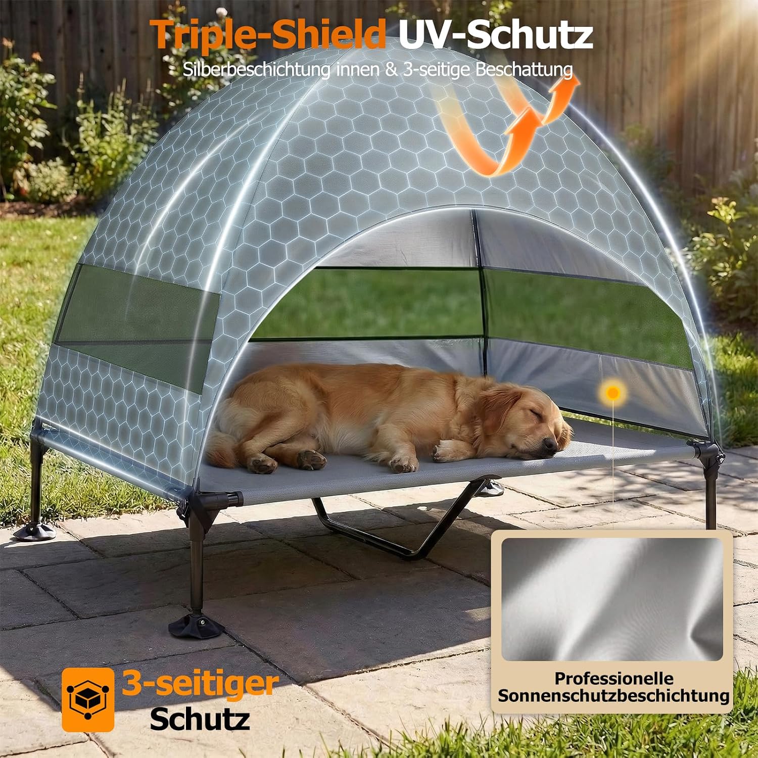 Detalle de Erhöhtes Outdoor-Hundebett mit UV-beständigem Dach | XL Grau – einfaches Aufstellen, kühler Schattenplatz für Camping, Garten und Pool