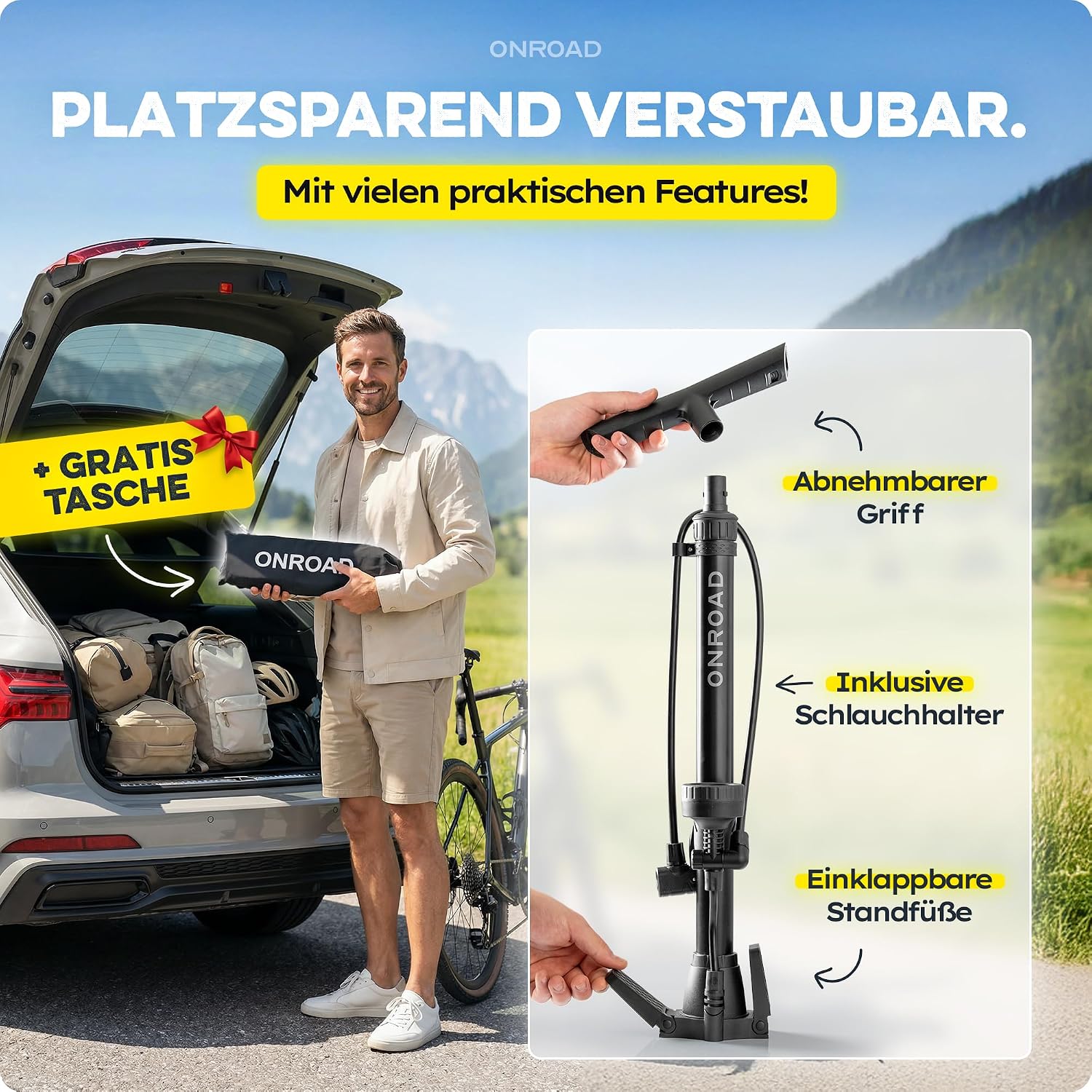 Detalle 2 de ON‑AIR Fahrradpumpe für alle Ventile (Presta/SV, AV, DV) – Standluftpumpe mit großem Manometer, Adapter & Ballnadel