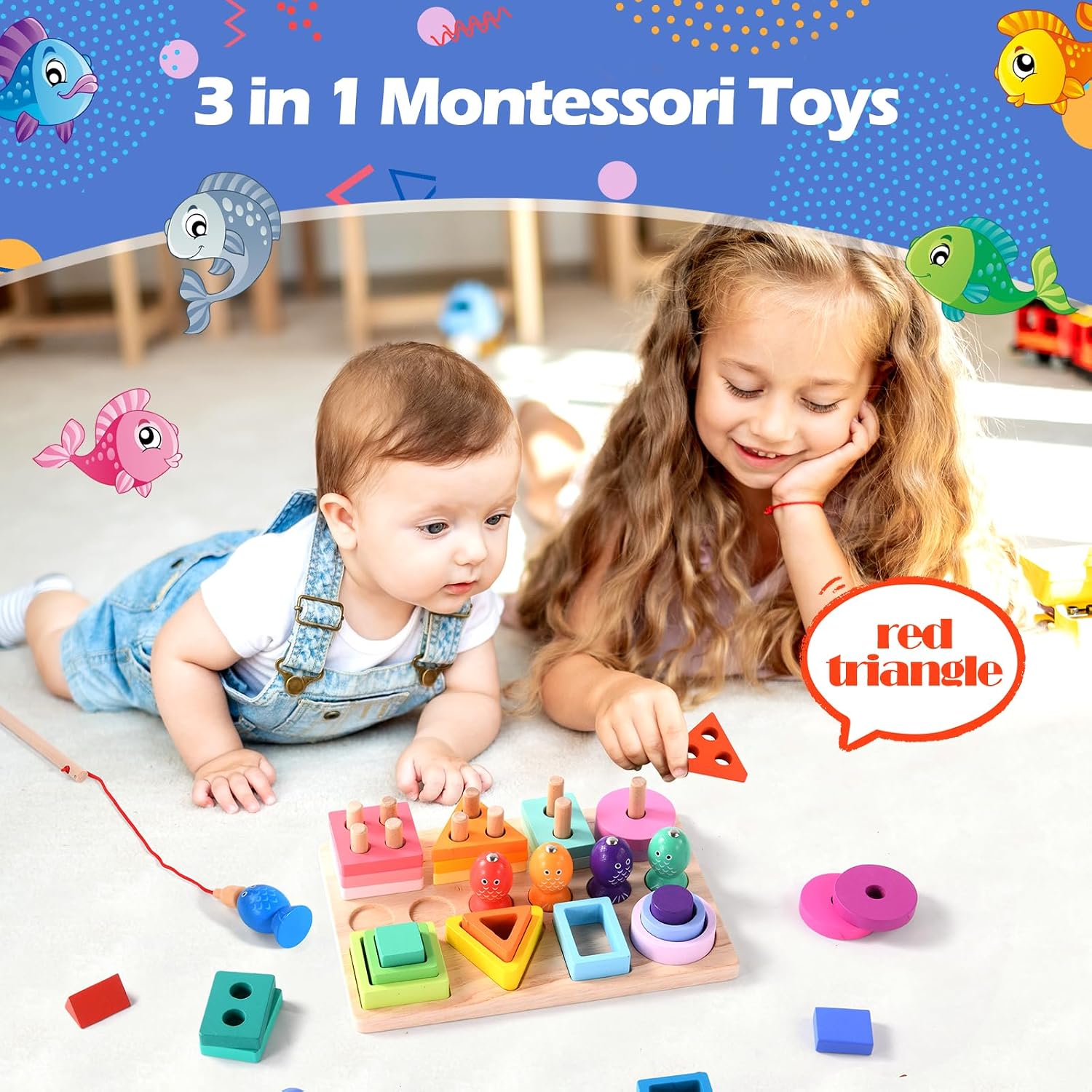 Thumbnail 1 de Hoiloie Montessori-Spielzeug ab 1 Jahr (3-in-1) aus Holz: Farb- & Formsortierer, Stapelspiel und Angelspiel mit 28 Klötzen
