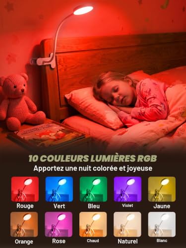 Detalle de ReinHoo Lampe de Lecture à pince RGB 10 couleurs et 10 niveaux de luminosité – 5W