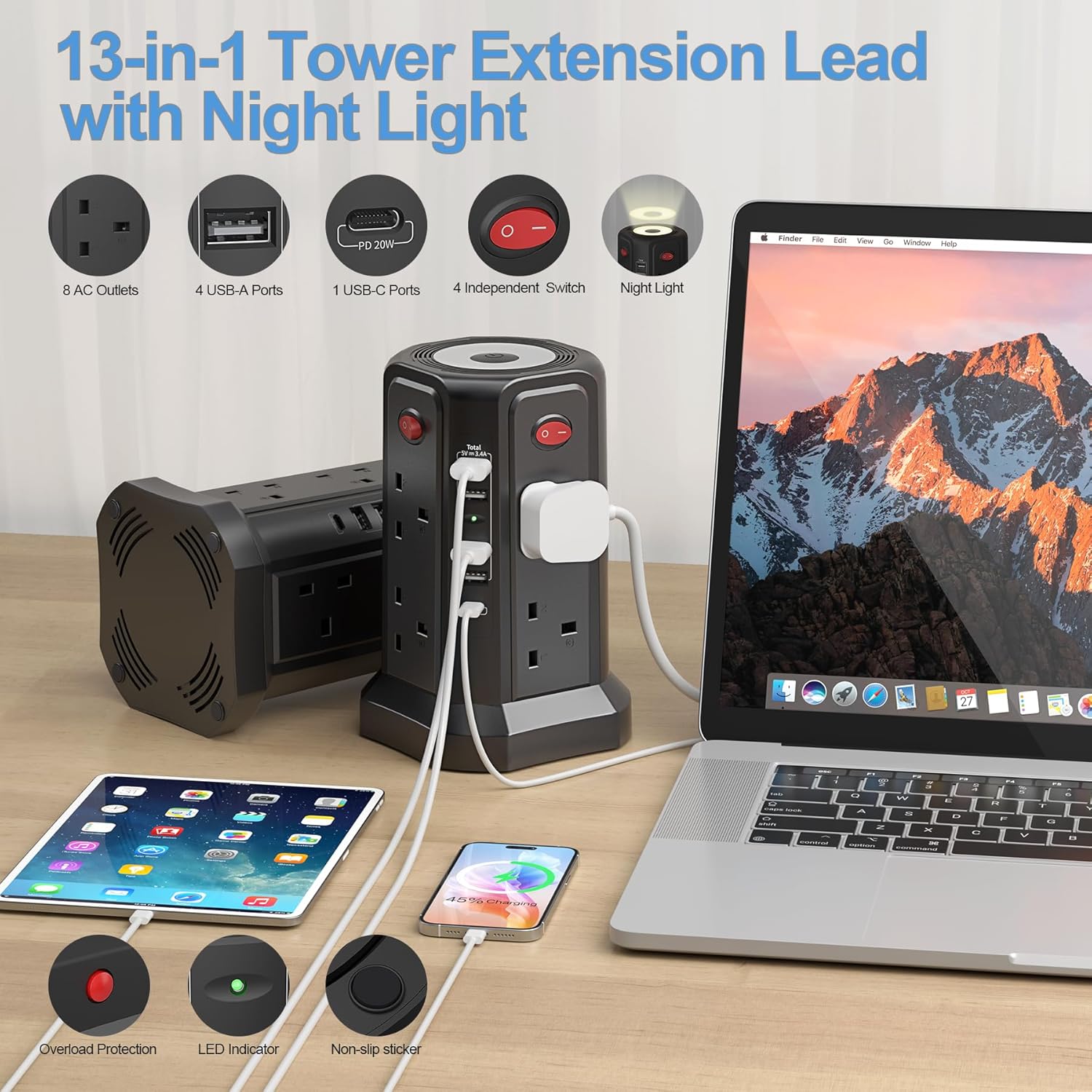 Thumbnail 3 de Tower Extension Lead 8-Way 3M with 5 USB Ports 🔌