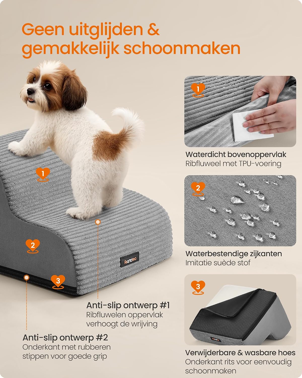 Detalle de Feandrea BADDI PPS002G01 hondentrap met 2 treden, antislip en wasbare hoes