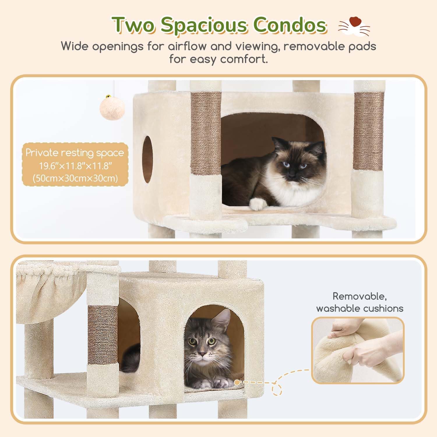 Detalle 2 de Globlazer Arbre à Chat Beige Grand Haut 188 cm – 2 Grandes Niches et Plate-forme rembourrée