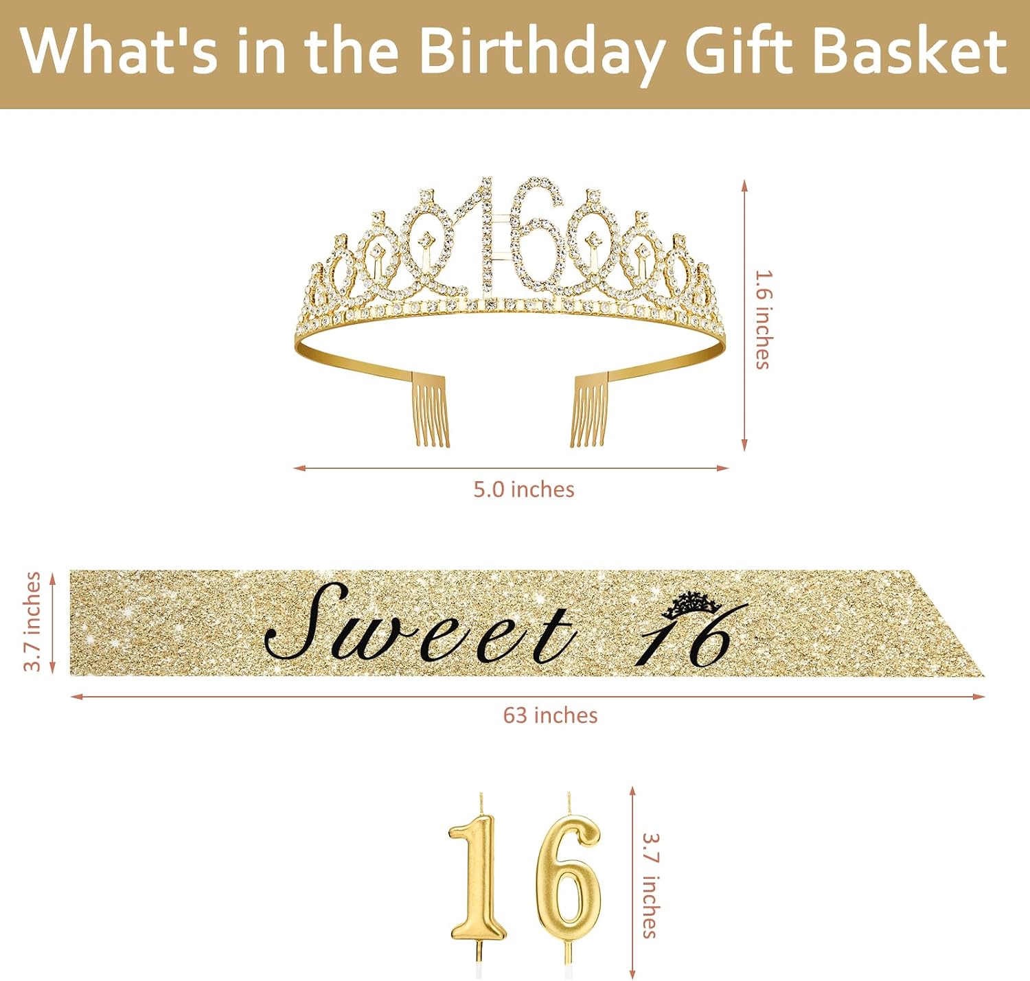 Detalle de Amosking Sweet 16 birthday decorations set with 16 sash, tiara and gold number 16 candles
