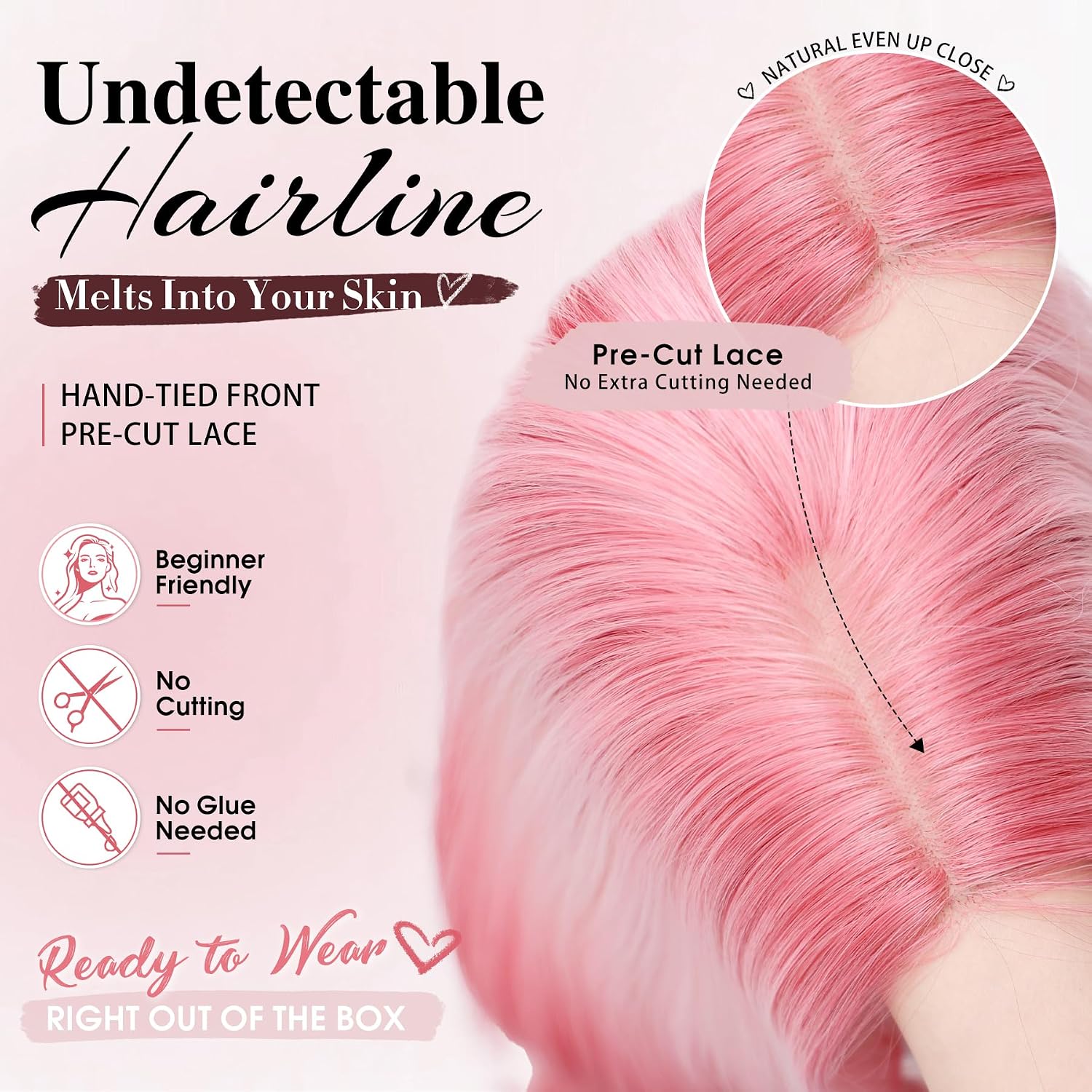 Detalle 1 de WECAN 24-Inch Pink Ombre Layered Wig with 4x4 Free-Part Lace