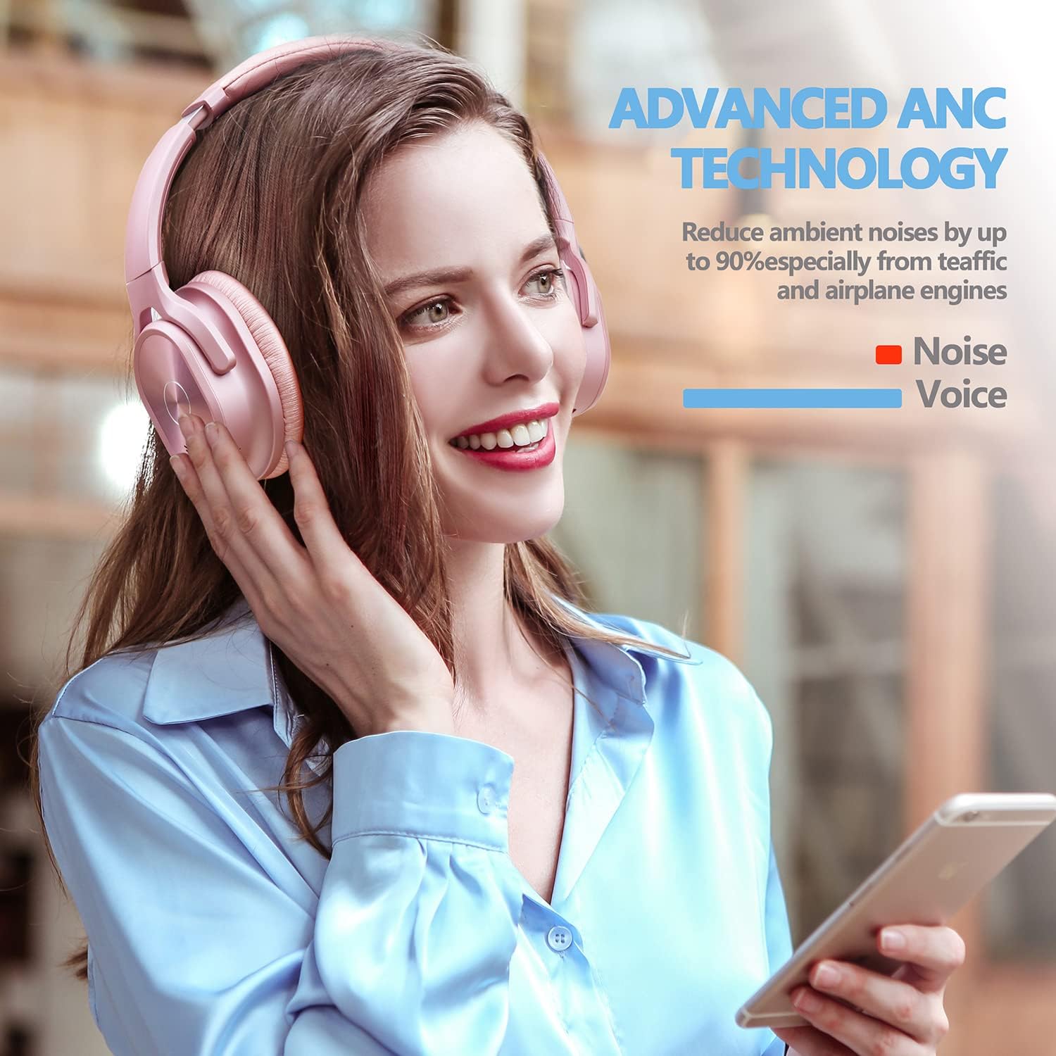 Detalle de ZIHNIC Active Noise Cancelling Headphones (Rose Gold) — 40H Wireless ANC Headset