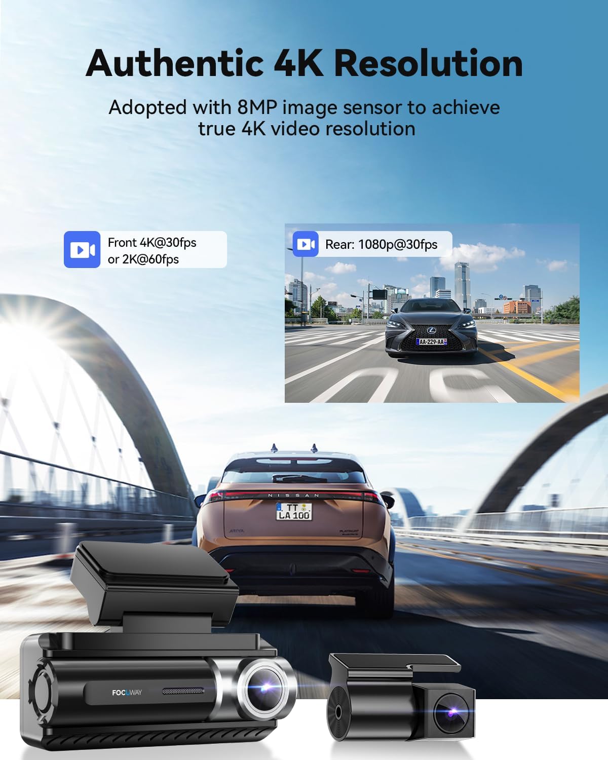 Thumbnail 1 de FOCUWAY Dash Cam Front and Rear – Real 4K Dual Dash Camera with GPS, Touchscreen, and 64GB Kit