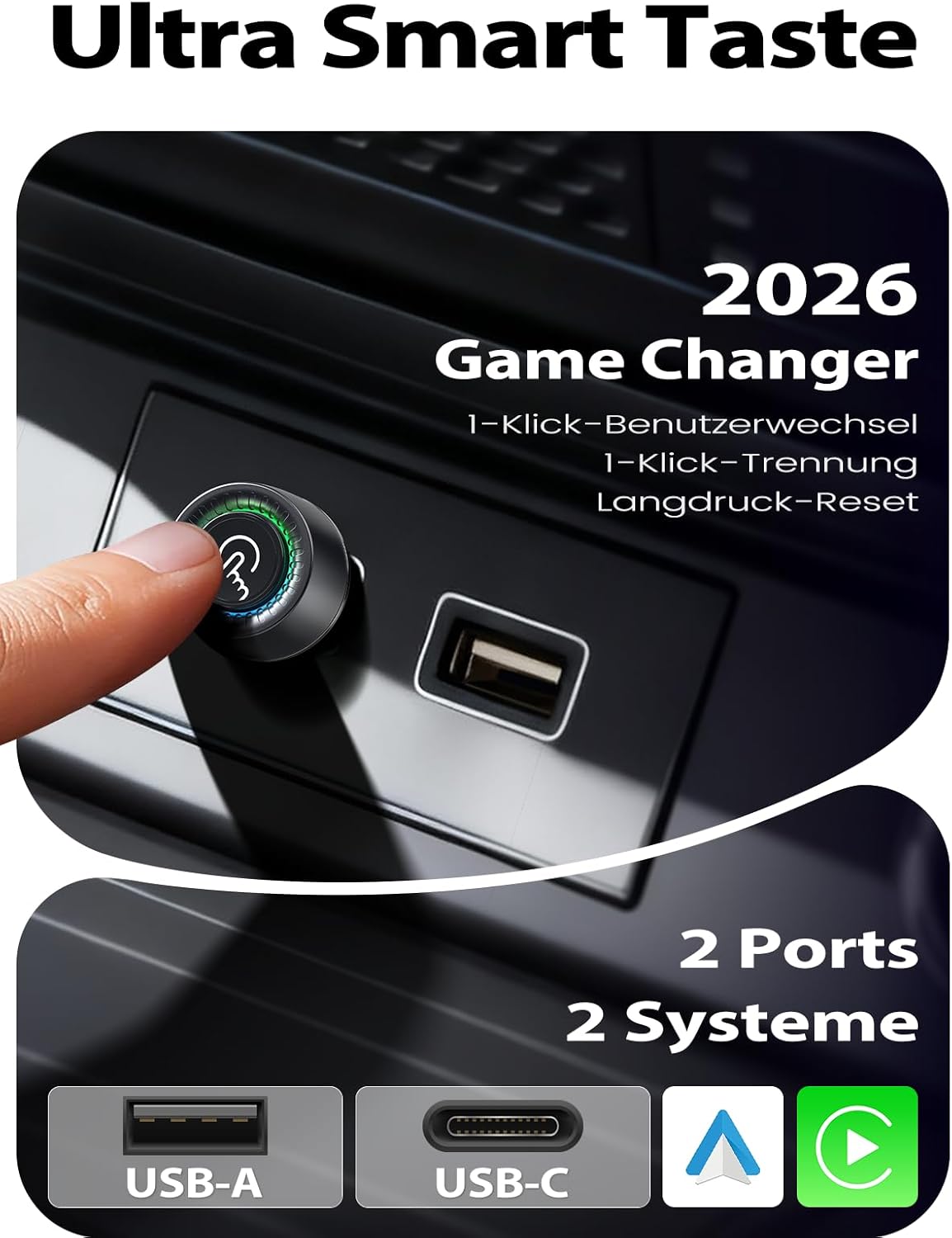 Thumbnail 4 de Versteckter Wireless CarPlay Adapter mit verstecktem Design – Tasten-Wechsel für 2 Phones, Android Auto Wireless Adapter (USB-A/USB-C)