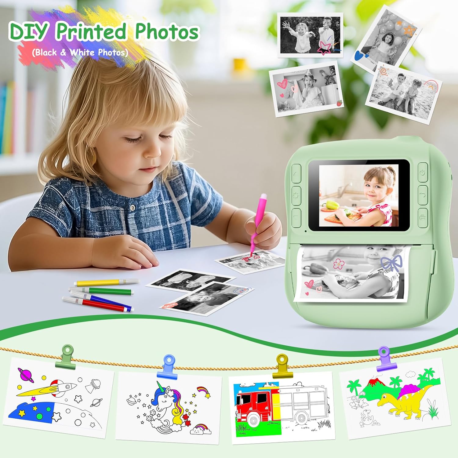 Thumbnail 3 de Hangrui Kinderkamera Sofortbildkamera (14 MP) mit 32-GB-Karte & Sofortdruck – Kinderkamera mit 1080P, 2,0-Zoll-Display und Stiften, Grün