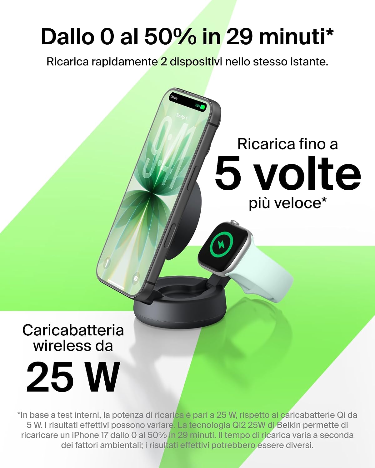 Detalle de Belkin UltraCharge Pro Caricatore Wireless Magnetico 2 in 1 MagSafe Qi2.2 25W con Alimentatore da 45W – Nero
