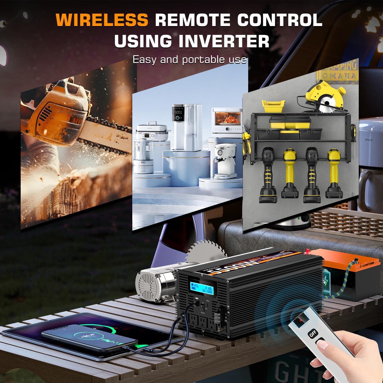 Detalle 2 de 5500W 12V DC to 110/120V AC Inverter with LCD, Type-C, 3 Outlets, Dual USB, Remote
