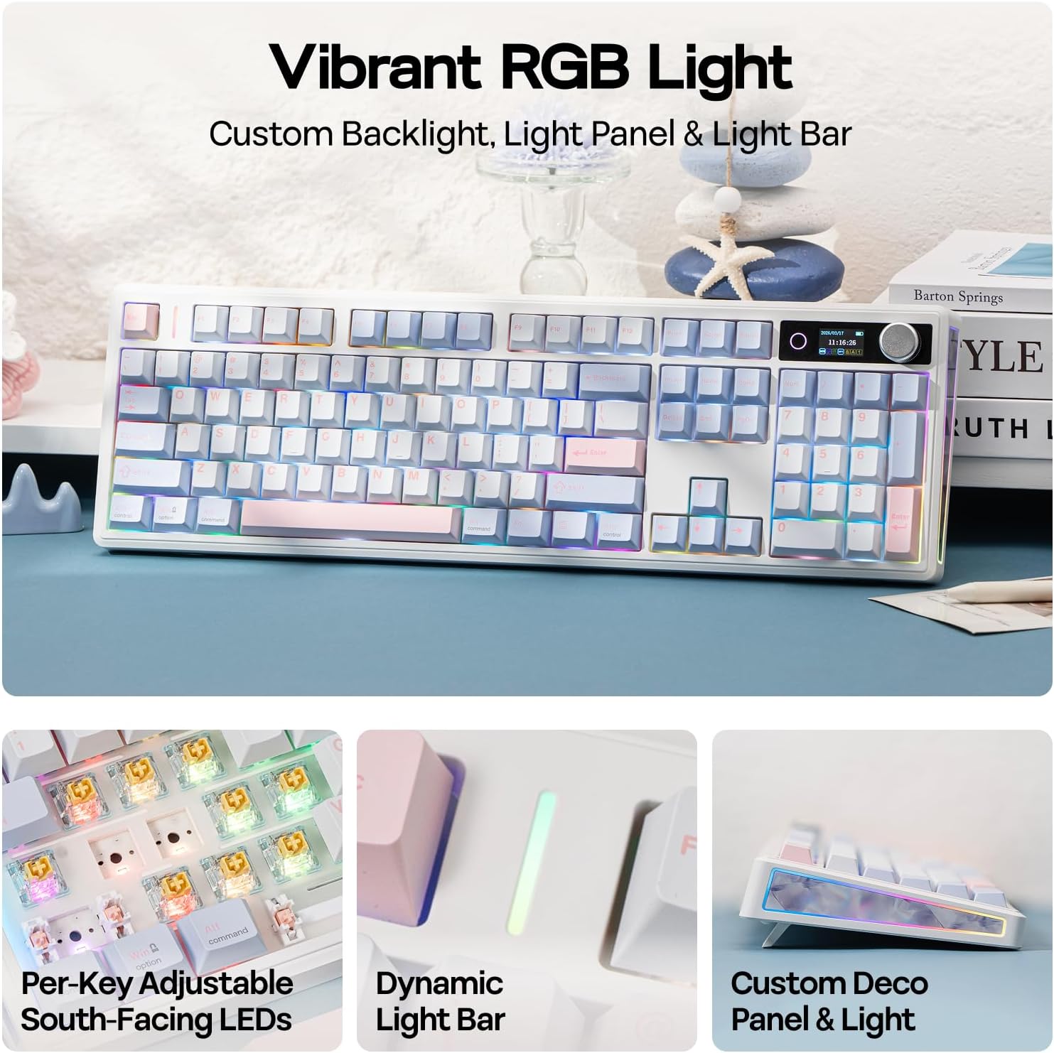 Detalle de EPOMAKER TH108 V2 PRO Full Size Mechanical Keyboard with Screen & Knob (Blue, Creamy Jade)