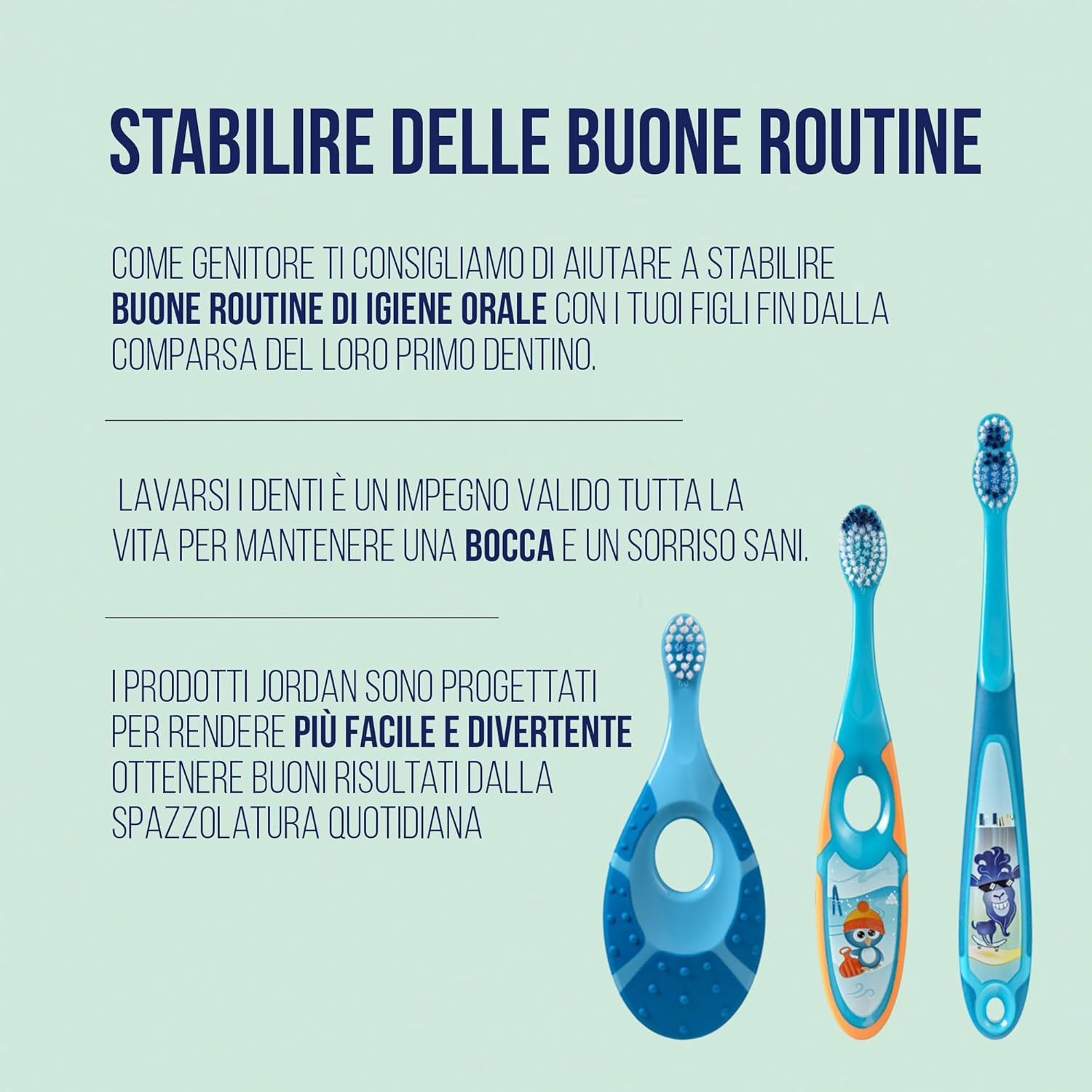 Thumbnail 2 de Jordan® Step 3 Spazzolino da denti Bambini 6–9 anni, setole morbide, doppia impugnatura, 4 pezzi – Blu/Giallo