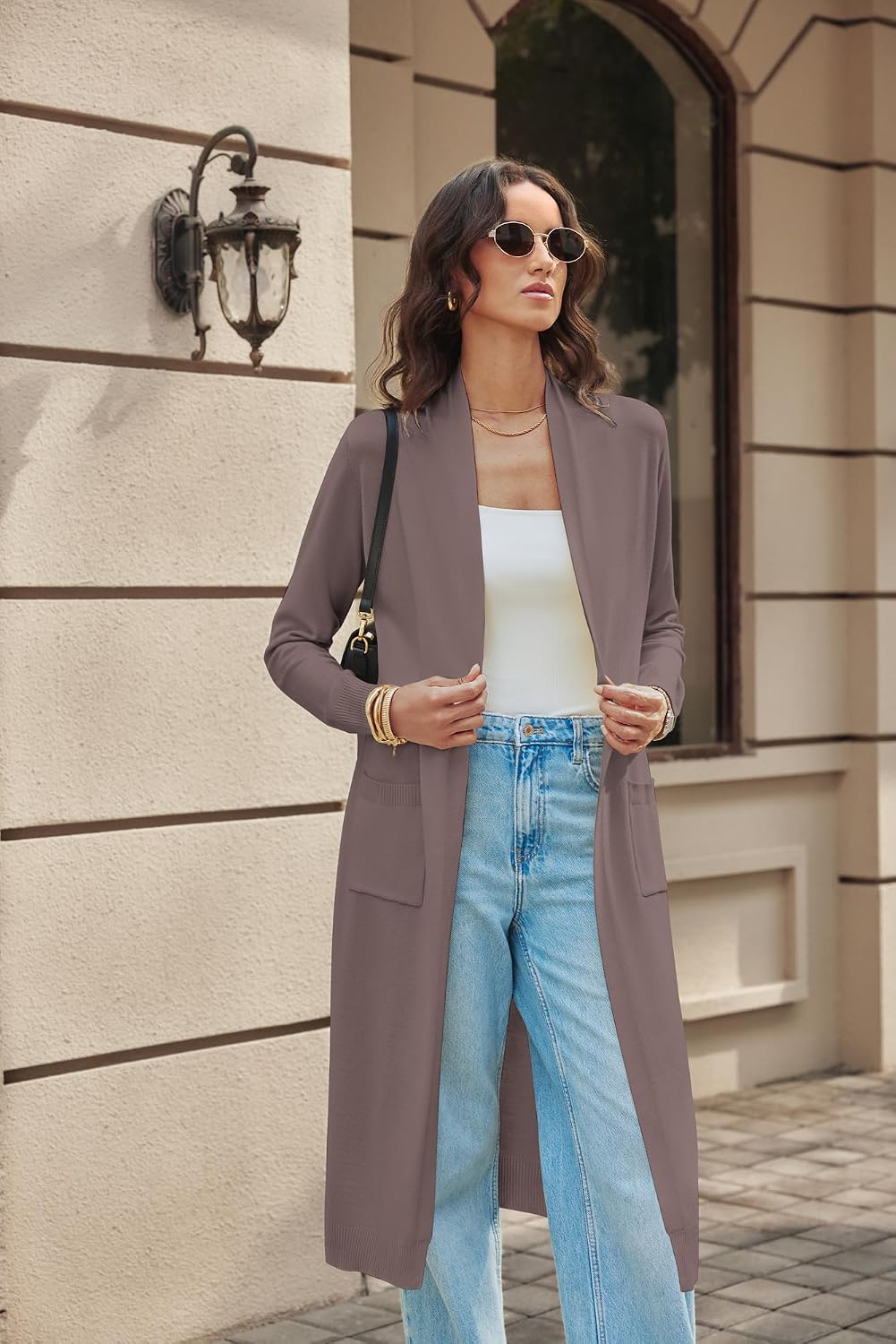 Detalle 2 de GRACE KARIN Essential Solid Maxi Long Knitted Cardigan, Open Front for Women