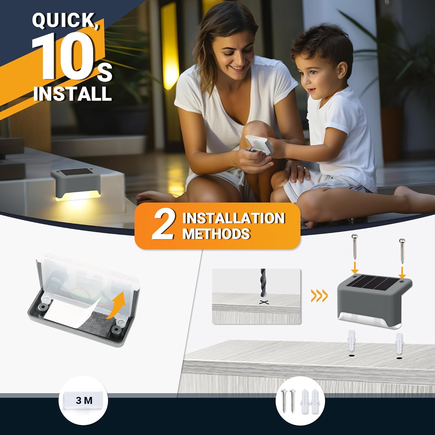 Thumbnail 4 de GIGALUMI solar fence lights outdoor garden – 8 pack warm white step lights for stairs, patio & pathways (grey)