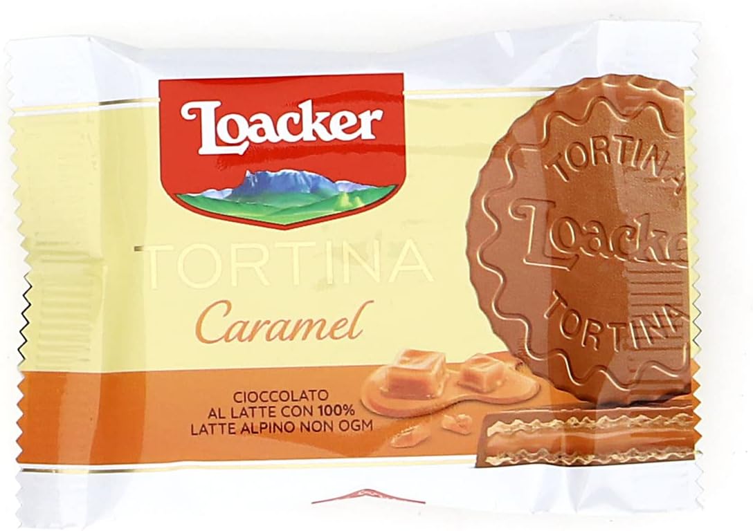 Detalle de Loacker Tortina Caramel: croccanti wafer, crema al caramello e cioccolato al latte in confezione convenienza