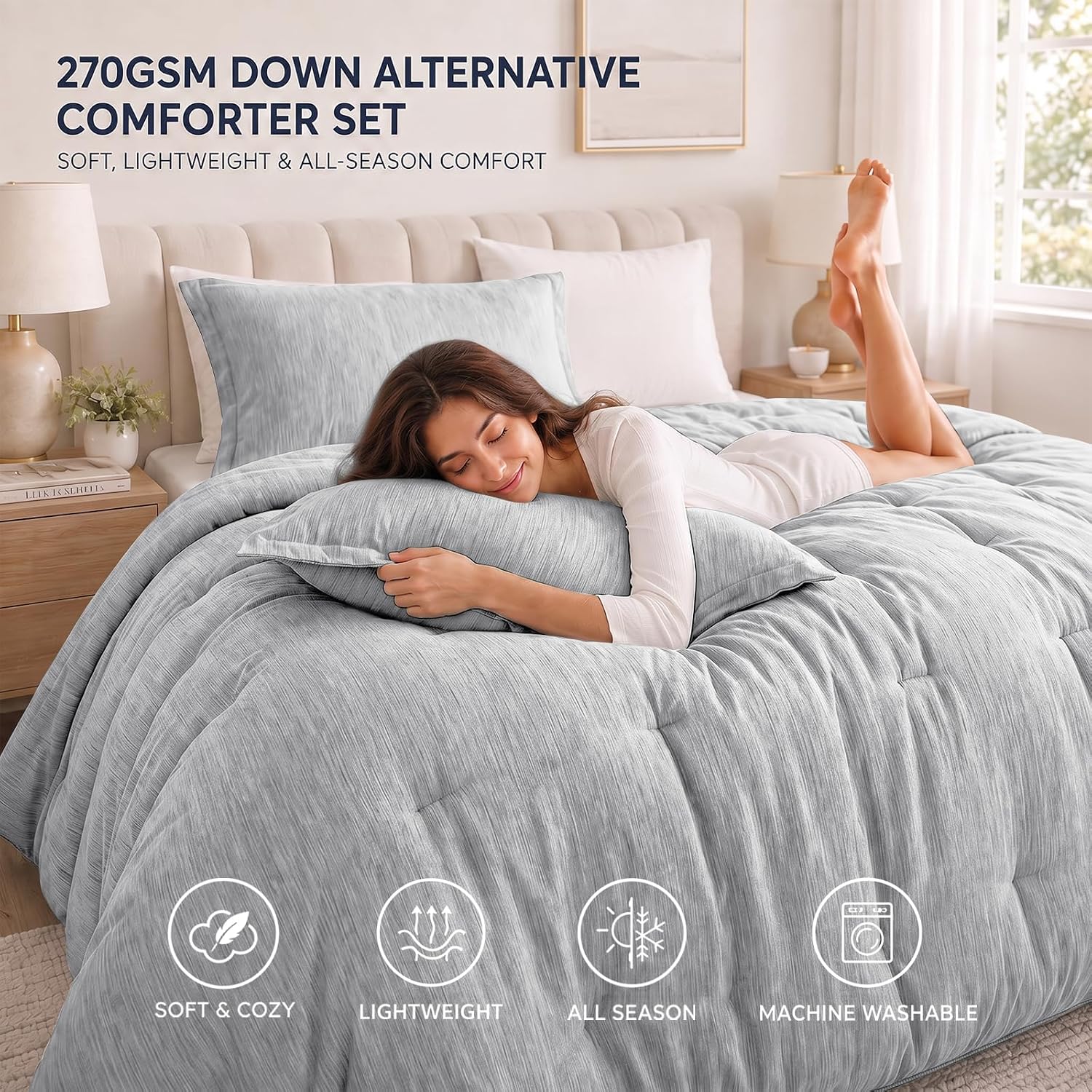 Detalle 1 de CozyLux Queen Comforter Set (3-Piece) in Light Gray, Double-Brushed Microfiber Cationic Dyeing