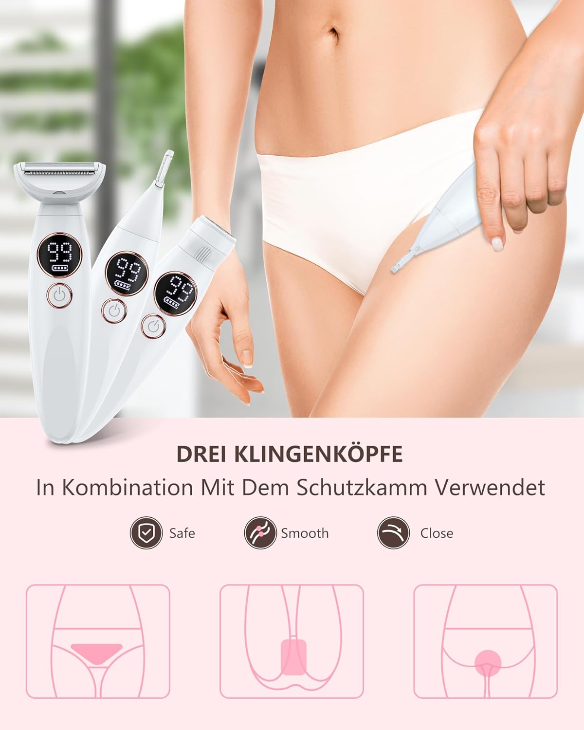 Detalle 2 de 3‑in‑1 Damenrasierer USB‑aufgeladen – Intim & Gesicht 🪒