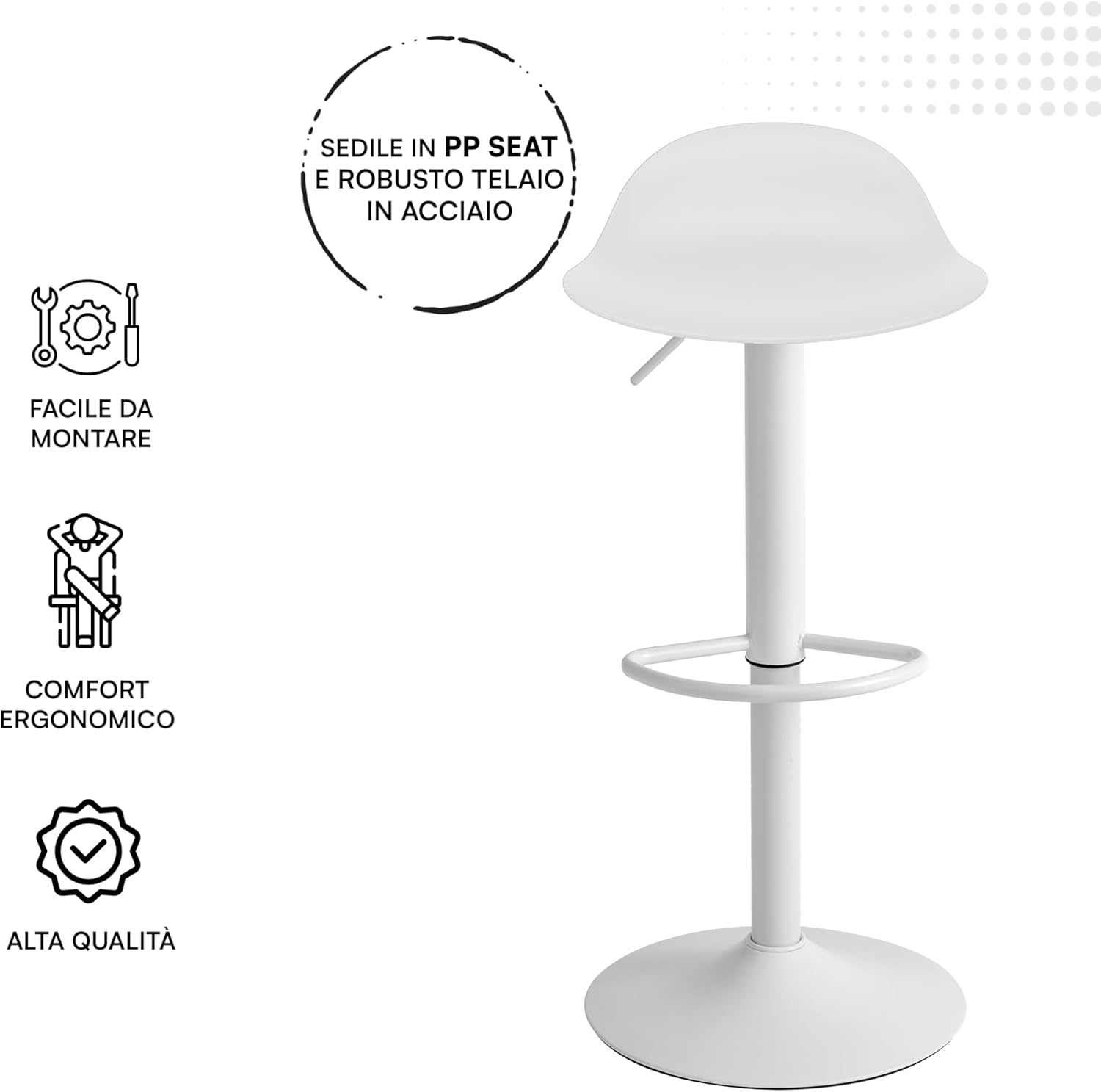 Detalle de Baroni Home Sgabello girevole con Altezza Regolabile – 40x40x64-86 cm, Bianco