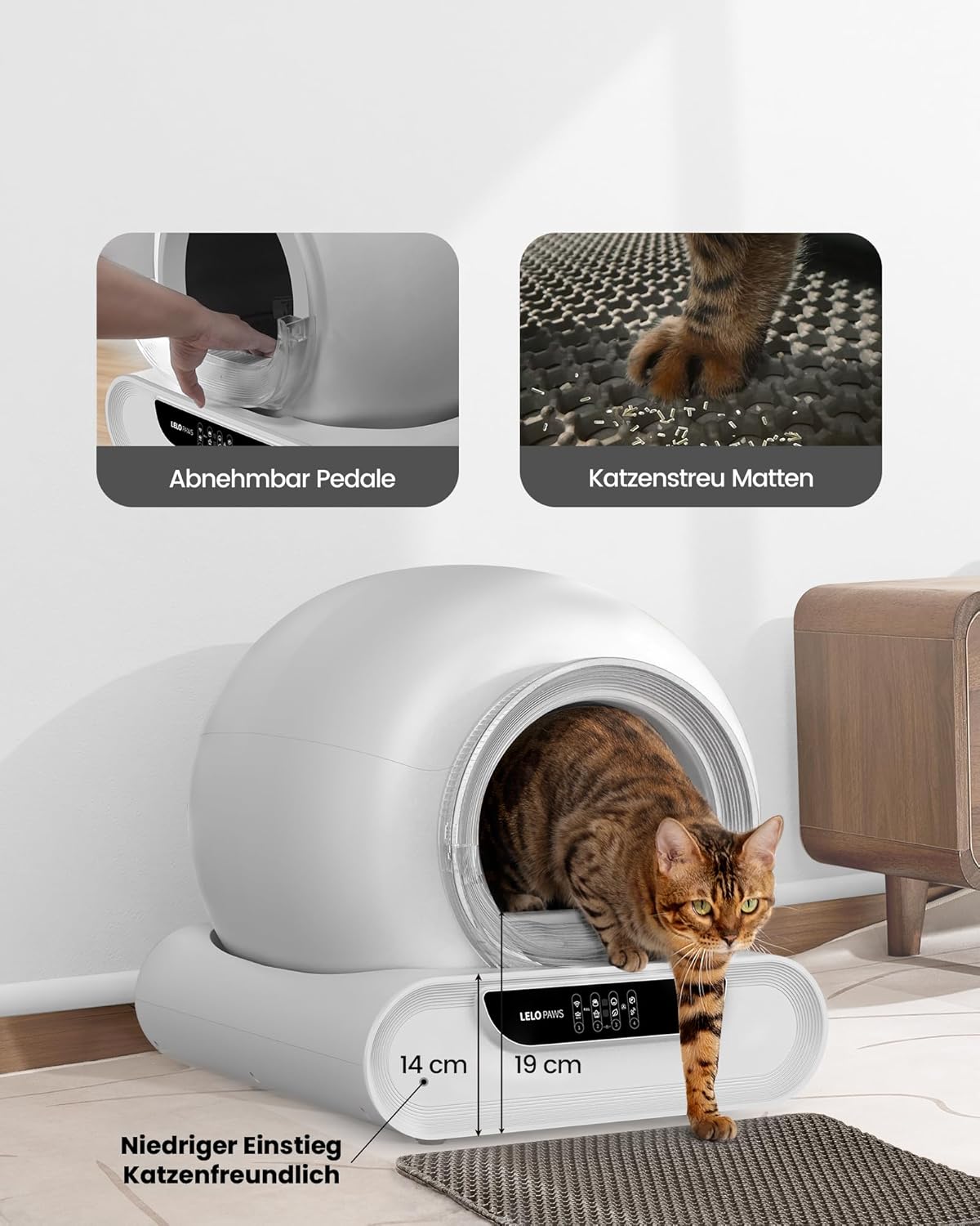 Thumbnail 6 de LELO PAWS Selbstreinigende Katzentoilette XXL – 65 L Innenraum, App-Überwachung, Türvorhang, Grau