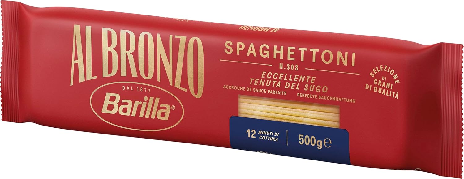 Detalle de Barilla Al Bronzo Spaghettoni 500 g (4er Pack) – Nudel mit rauer Oberfläche für optimale Saucenhaftung