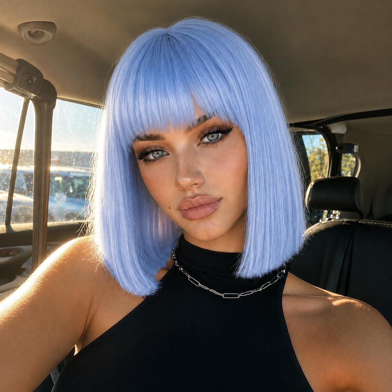 SUKRI Light Blue Bob Wig with Bangs (12 Inch) – Short Straight Blue Wig for Women