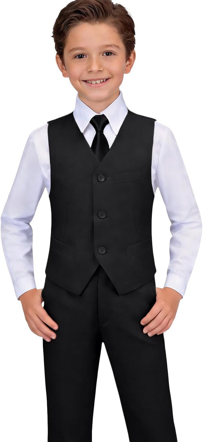 Detalle de Visaccy Boys Formal Slim Fit Suit Set (12) – Versatile Black Dress Outfit for Ring Bearer and Special Occasions