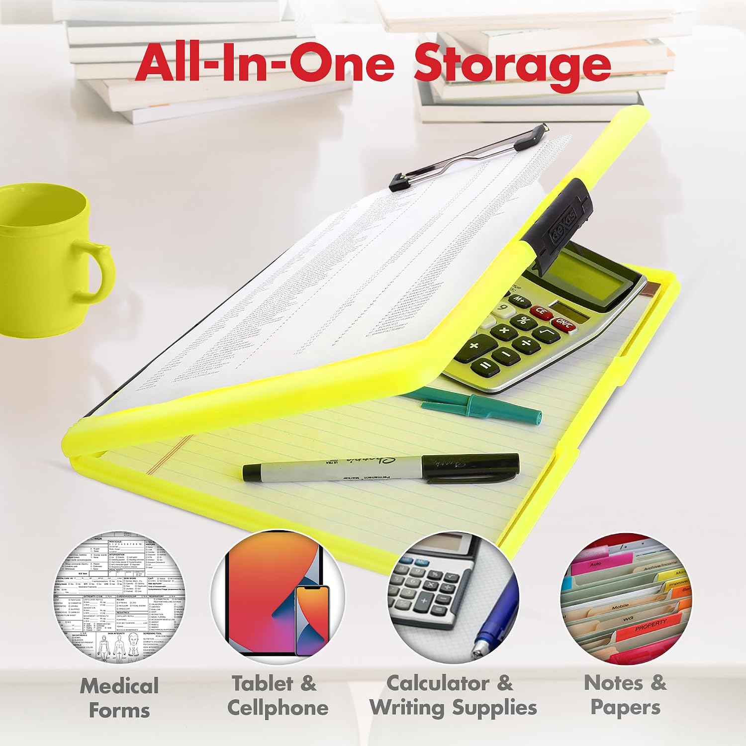 Detalle de Dexas Slimcase 2 収納付きクリップボード A4対応・サイドオープン・ネオンイエロー