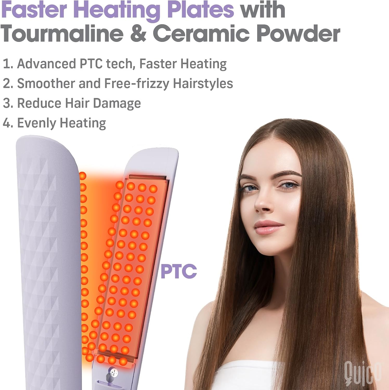 Detalle de Quico HC102A Lilac Hair Straightener, Dual Voltage with Ceramic Plates