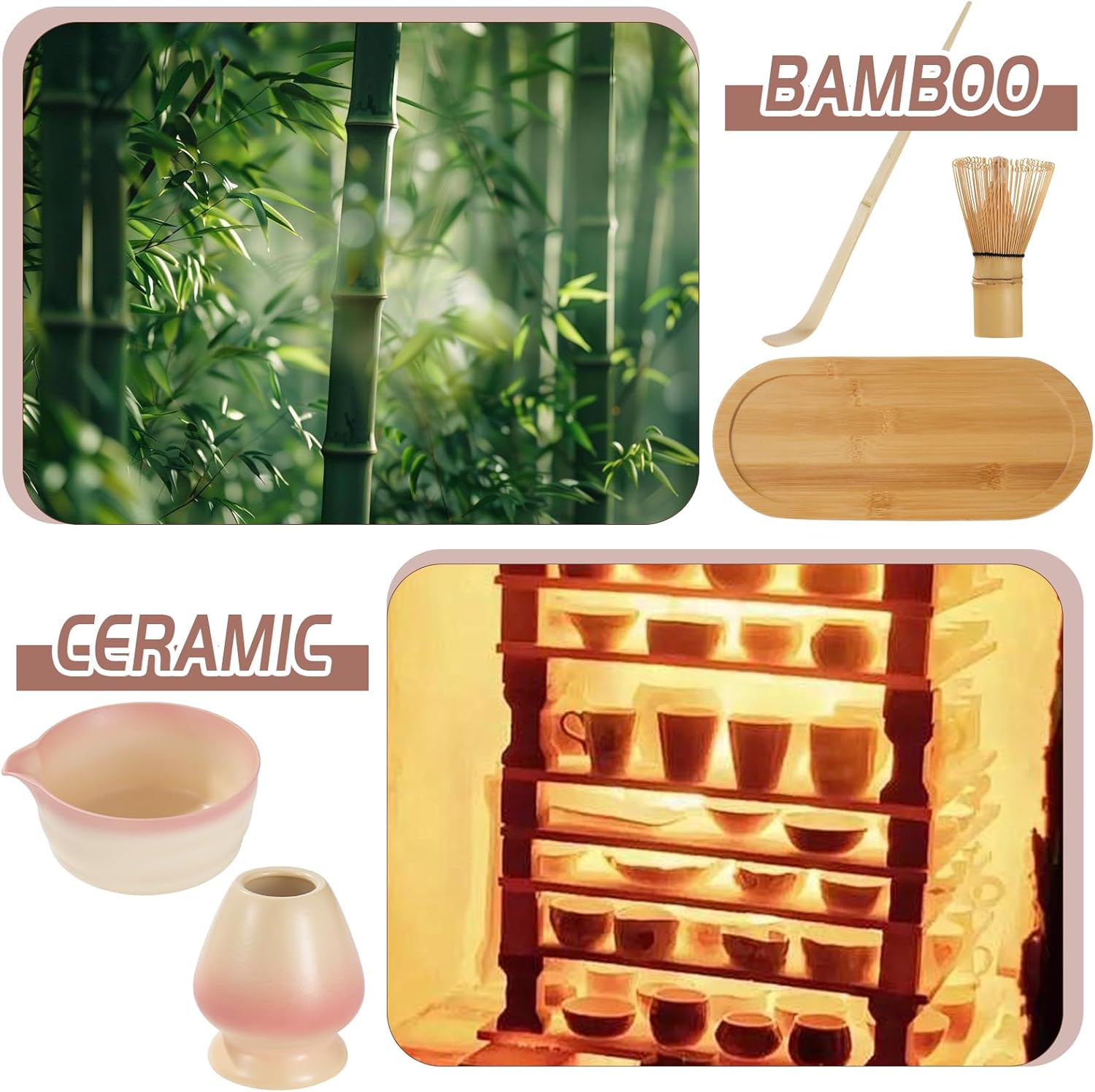 Detalle de Japanisches Matcha Tee Set in Rosa (5-teilig) mit Bambustablett, Besen und Schale