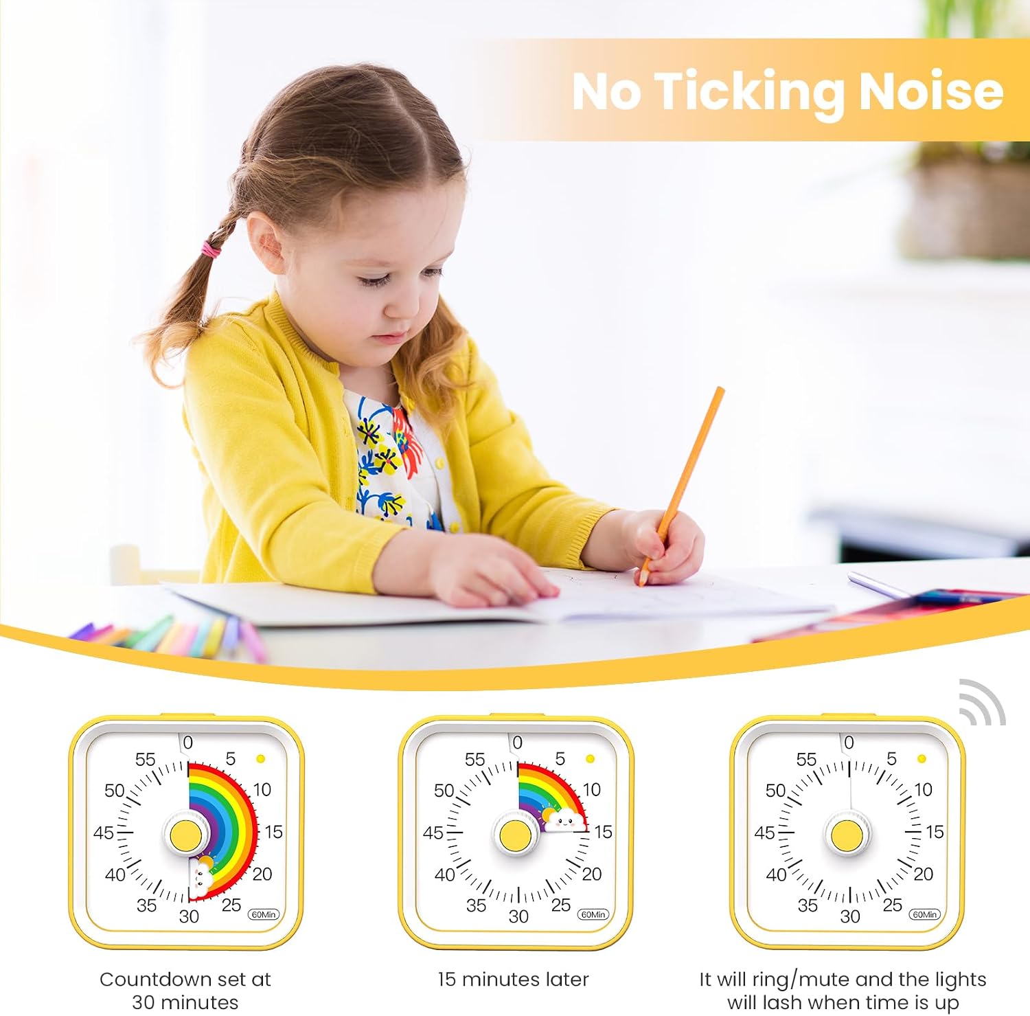 Detalle de Visual Timer for Kids with Pause Function – Rainbow Yellow