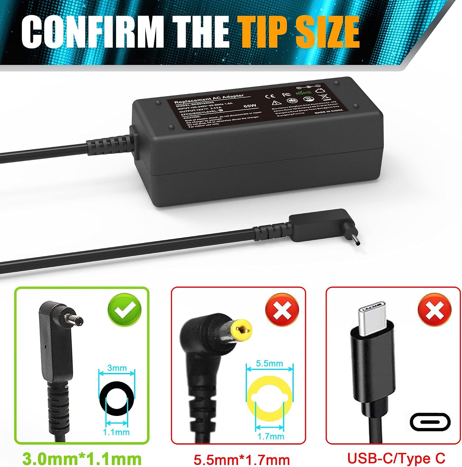 Detalle de Acer-Compatible Laptop Charger 65W