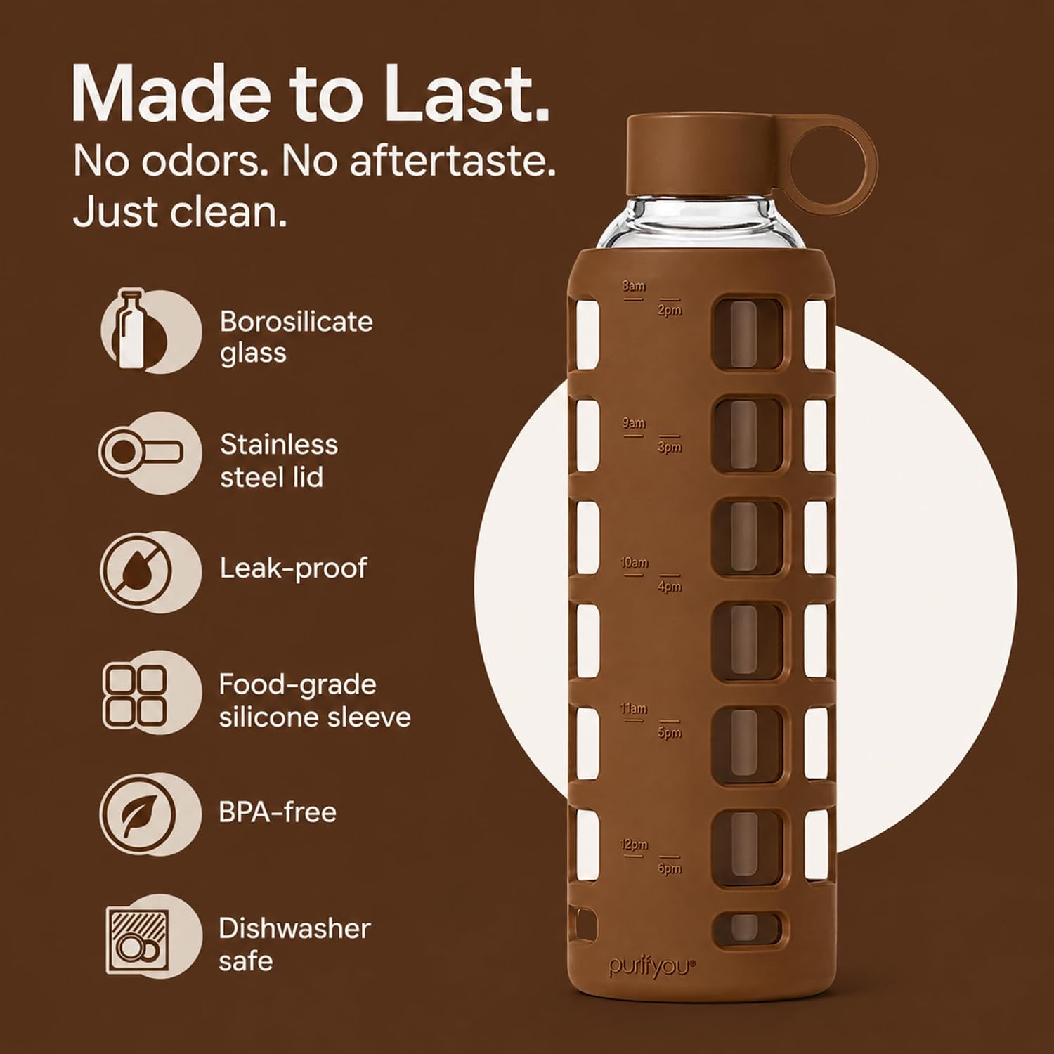 Detalle 2 de purifyou PGWB-32EB 32 oz Glass Water Bottle with Time Markers and Silicone Sleeve