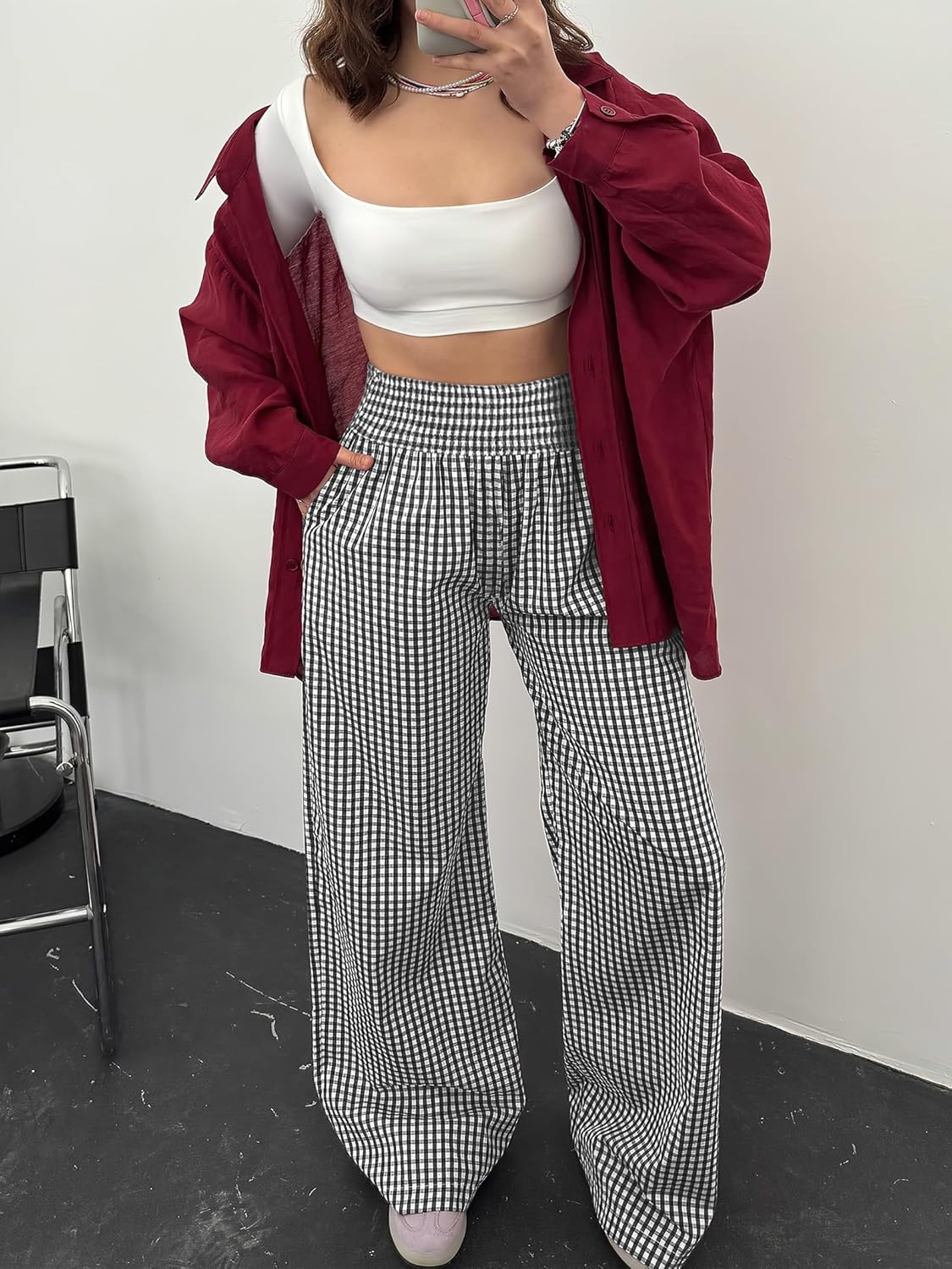 Thumbnail 6 de ANRABESS Women’s Gingham-Check Palazzo Pajama Pants with High-Waist Smocked Elastic Waist