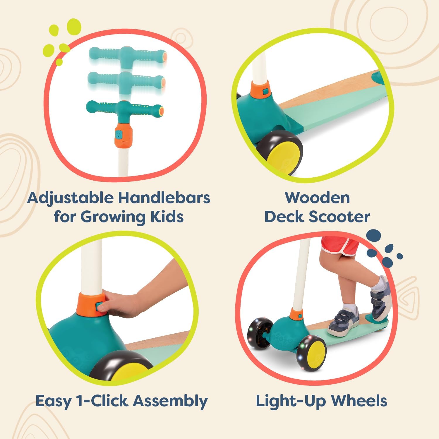 Detalle de B. toys Scooter Fun Wood Kids Scooter with Adjustable Handlebar & Light-Up Wheels