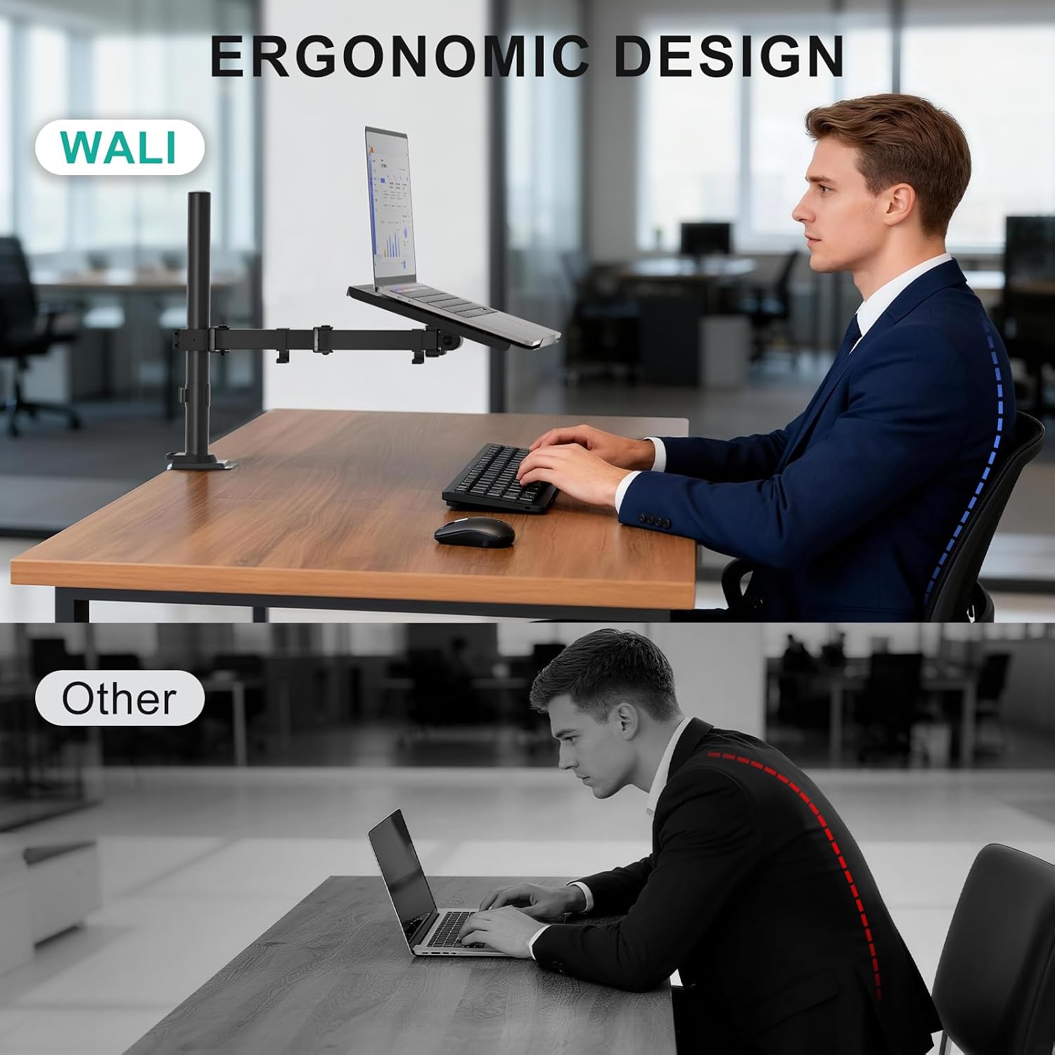 Detalle de WALI M00LP fully adjustable laptop desk mount with vented tray (up to 17 inch, up to 10 kg)