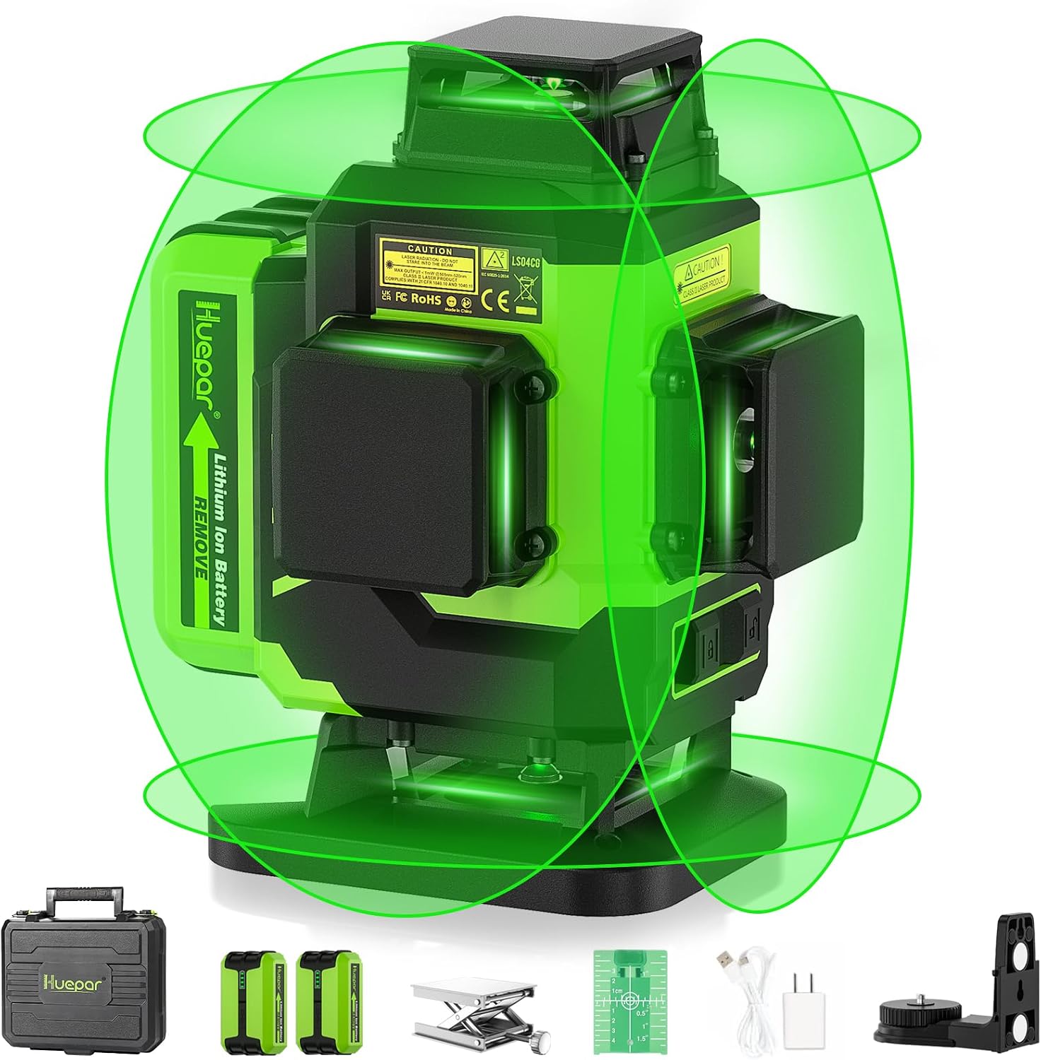 Detalle de Huepar LS04CG 4x360° Green Laser Level with Self-Leveling and Dual Batteries