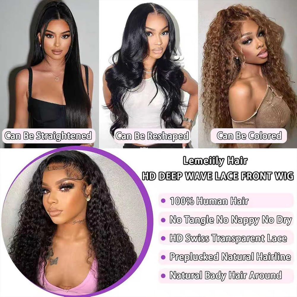 Detalle 2 de Lemeiily 30-Inch Deep Wave HD Lace Front Human Hair Wig