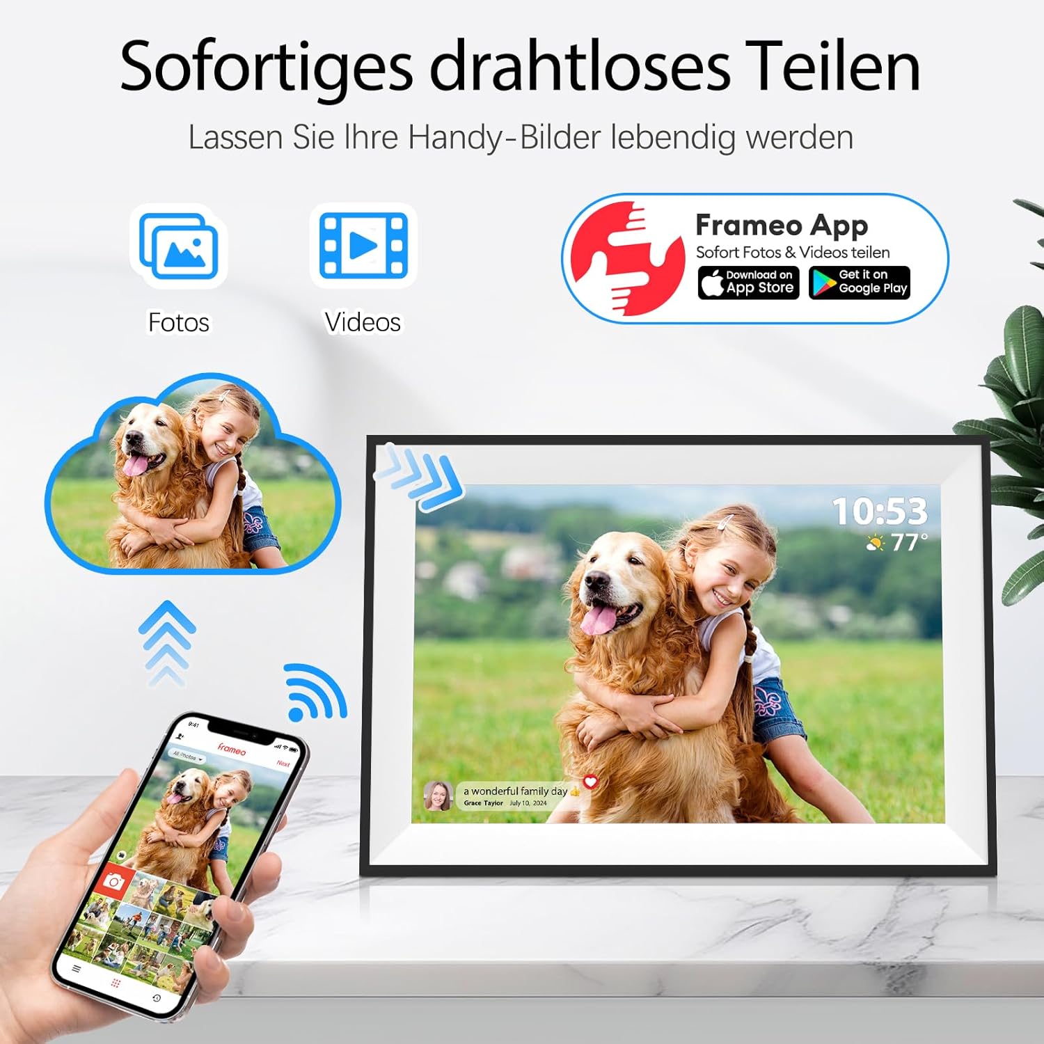 Detalle 2 de Frameo Digitaler Bilderrahmen WLAN 10,1 Zoll – 32 GB, 1280x800 IPS Touchscreen, automatische Drehung, Wandmontage, App-Sharing