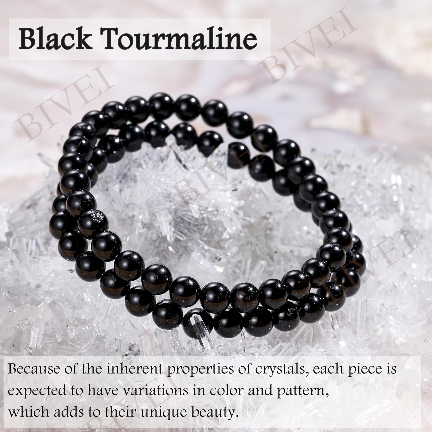 Detalle de Bivei braccialetto da donna con perline 6 mm di tormalina nera, elastico
