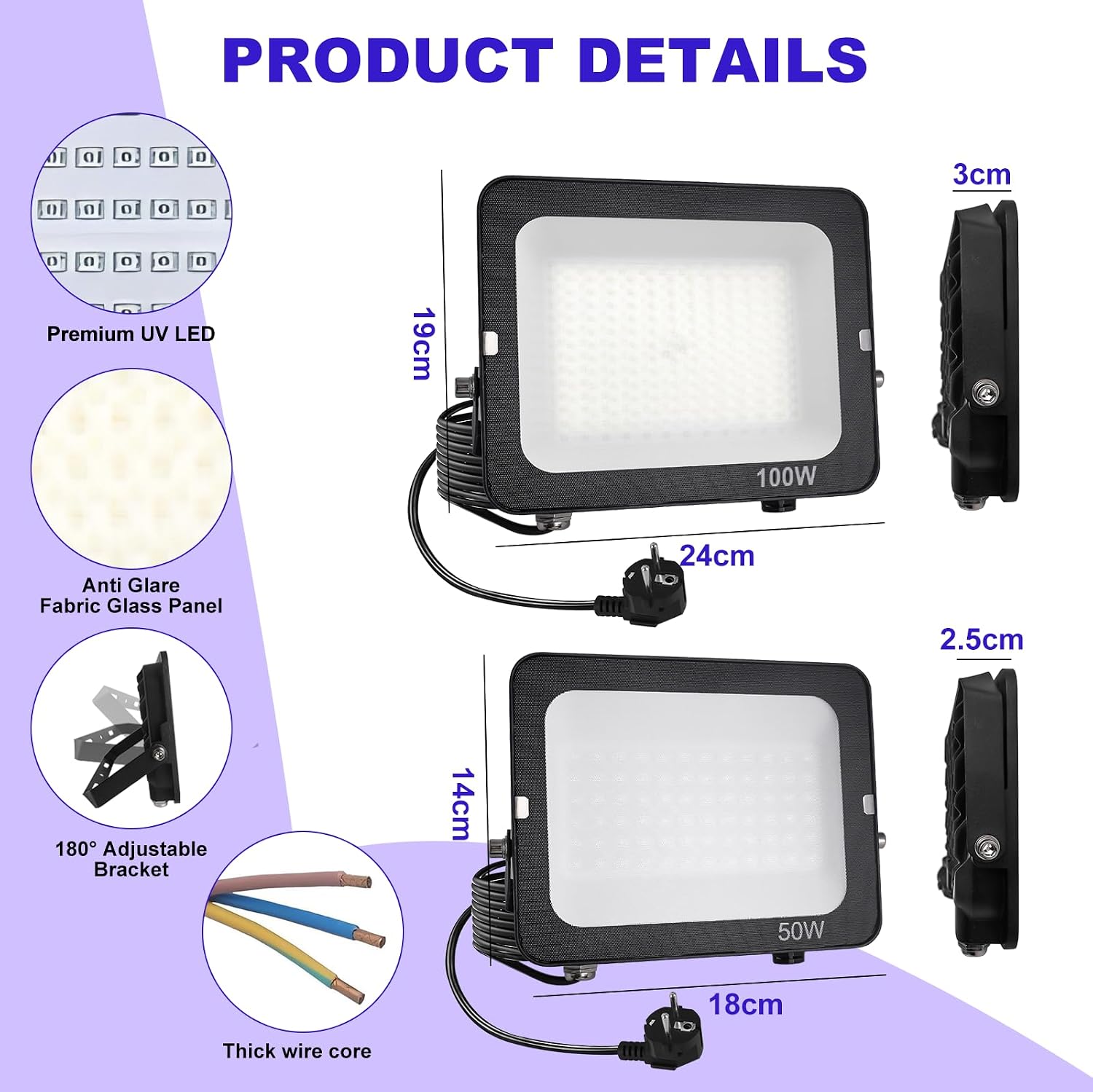 Detalle 2 de Fosingut 100 W UV-strålkastare, IP65, 395–400 nm och 144 LED-lampor