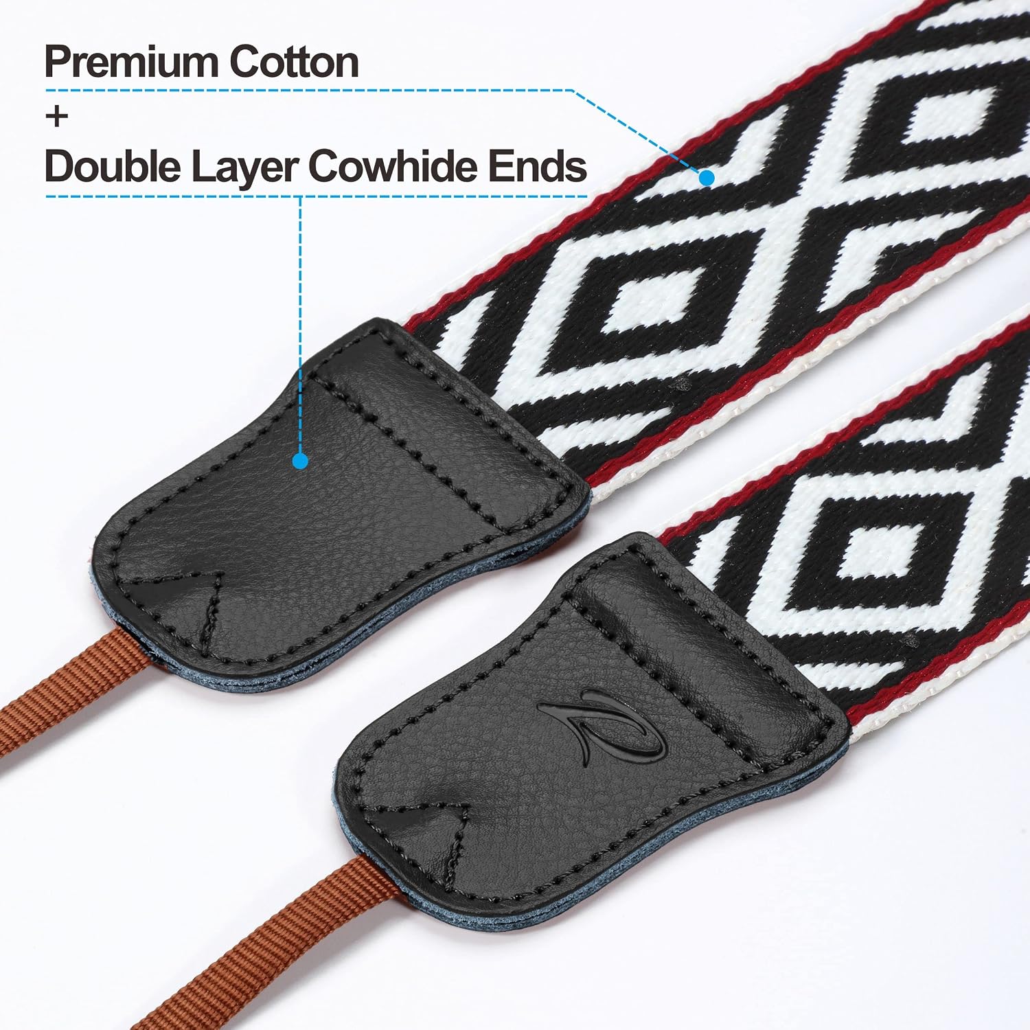 Thumbnail 3 de Padwa Lifestyle weißer Rhombus Kameragurt – 2" Rindsleder Kopf, breiter, verstellbarer Baumwollriemen
