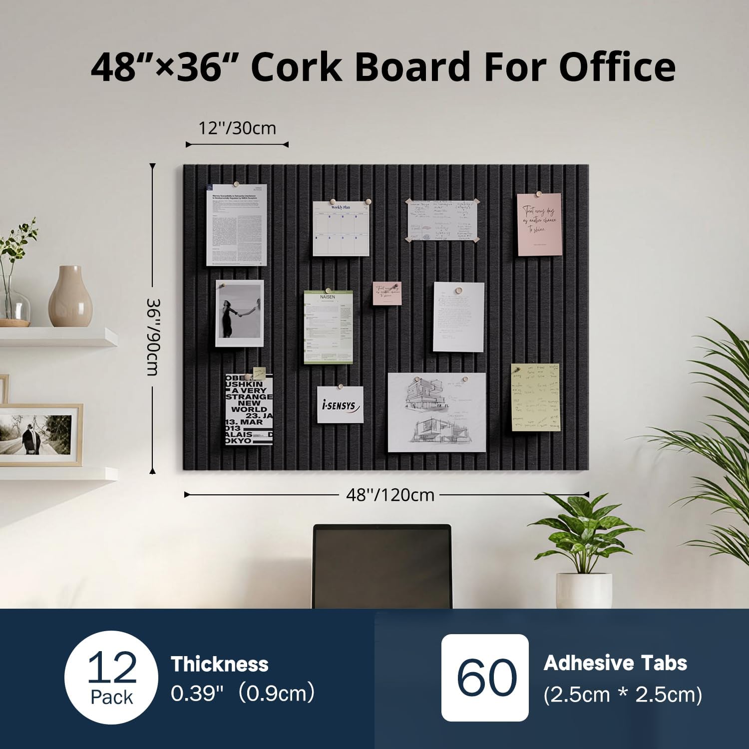 Detalle 2 de Woovio Felt Bulletin Board, 12-Pack Black Wall Tiles with 60 Adhesive Tabs
