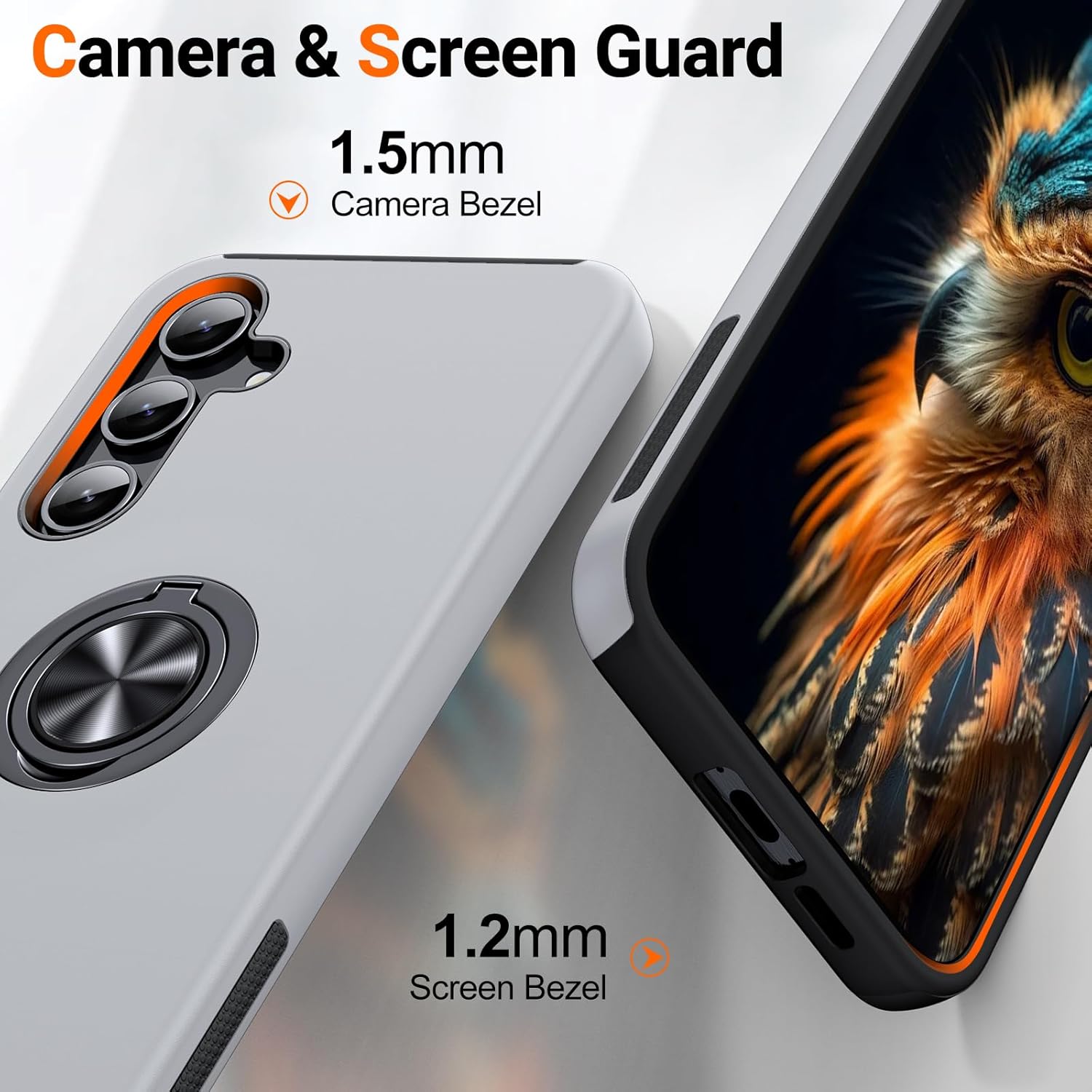 Detalle 2 de AOUIA 360° Rotating Ring Stand Case with 2 Screen Protectors for Samsung Galaxy A55 5G – Silver