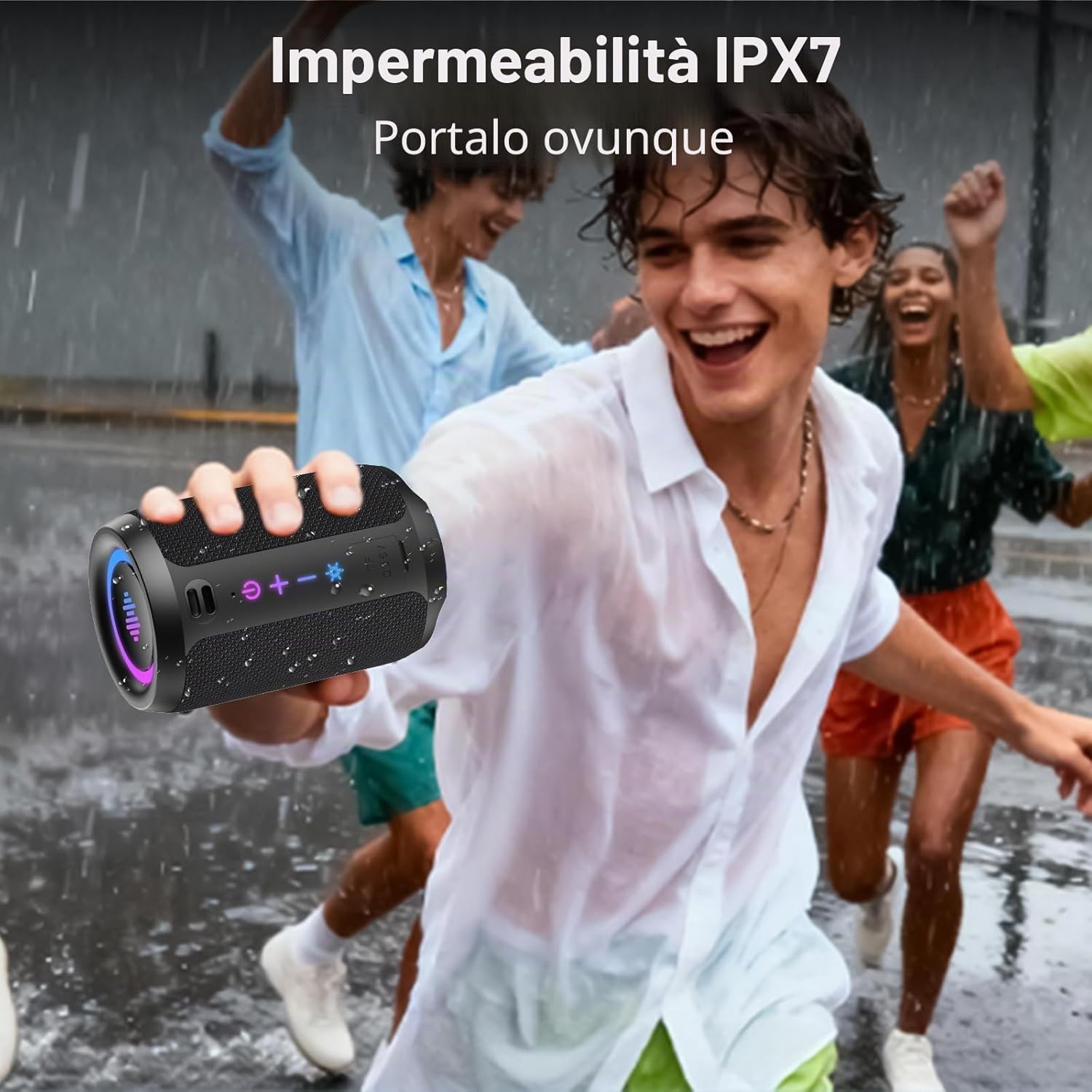 Detalle de Cassa Bluetooth Portatile Potente 15W con LED, IPX7 e 12 Ore di Autonomia – Ideale per feste all'aperto