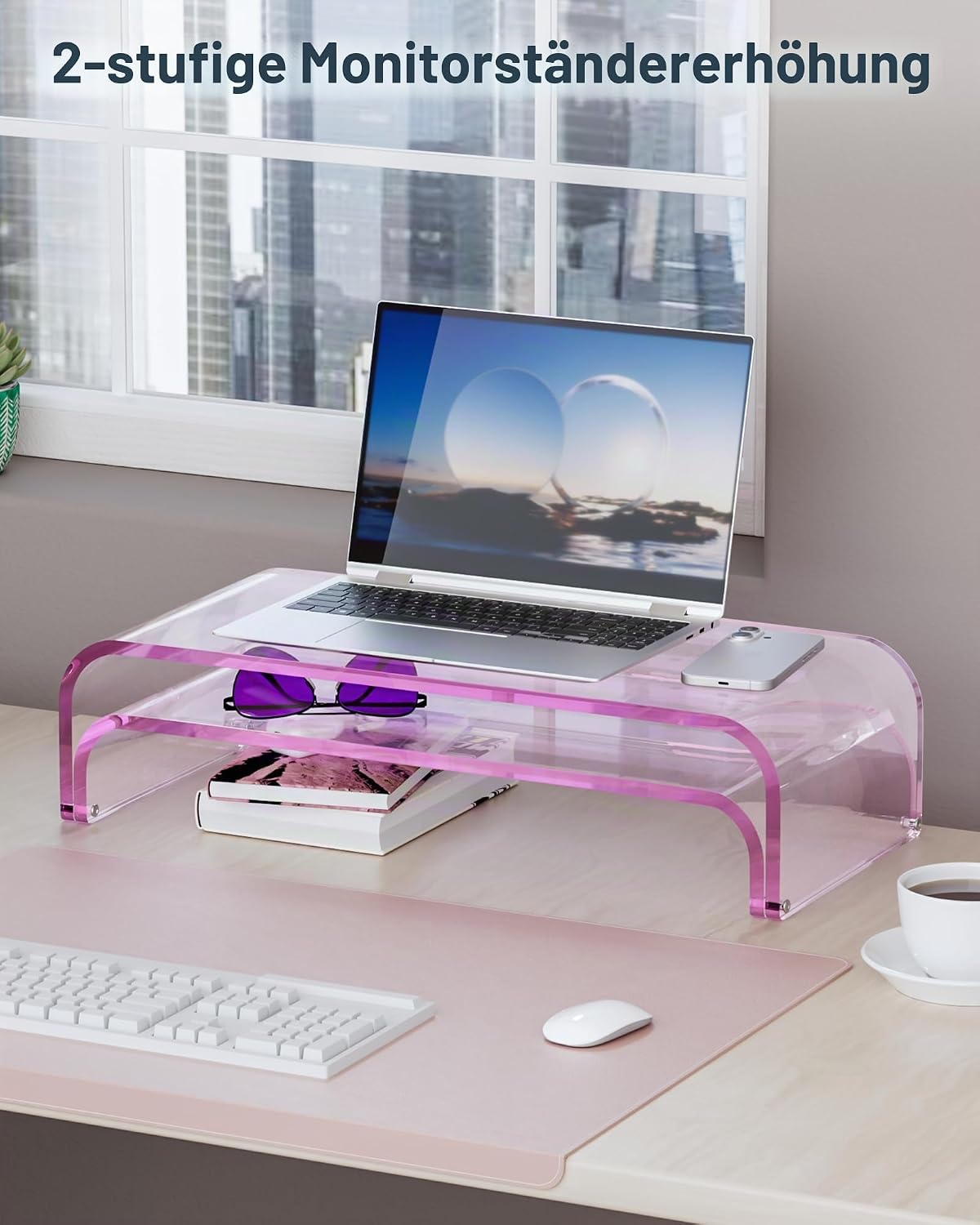 Detalle de ERGO COLLECT Monitorständer Acryl 2er-Set – Transparents 2‑in‑1 Monitorerhöhung aus Acryl