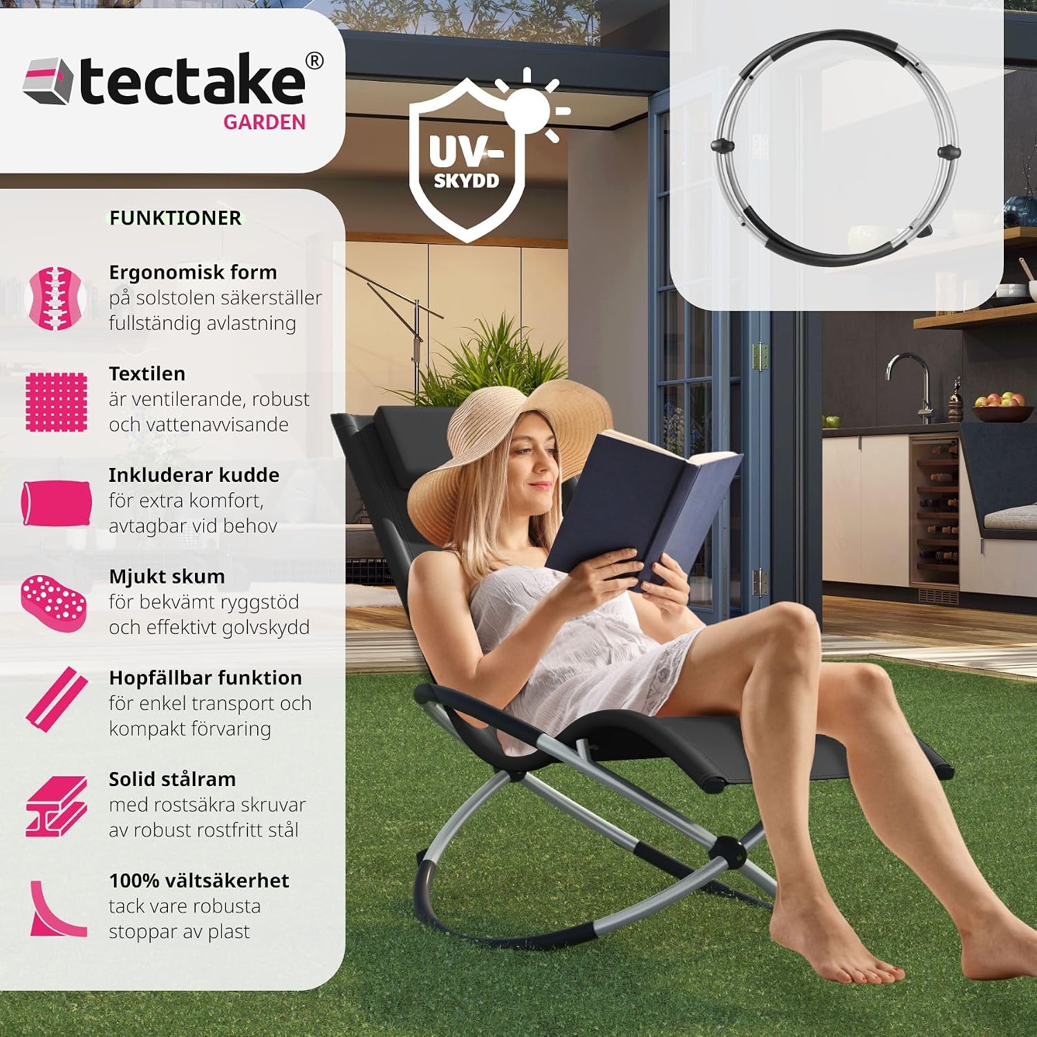 Detalle de tectake Lettino Paulina 404996 – hopfällbar solstol med gungfunktion och Textilene