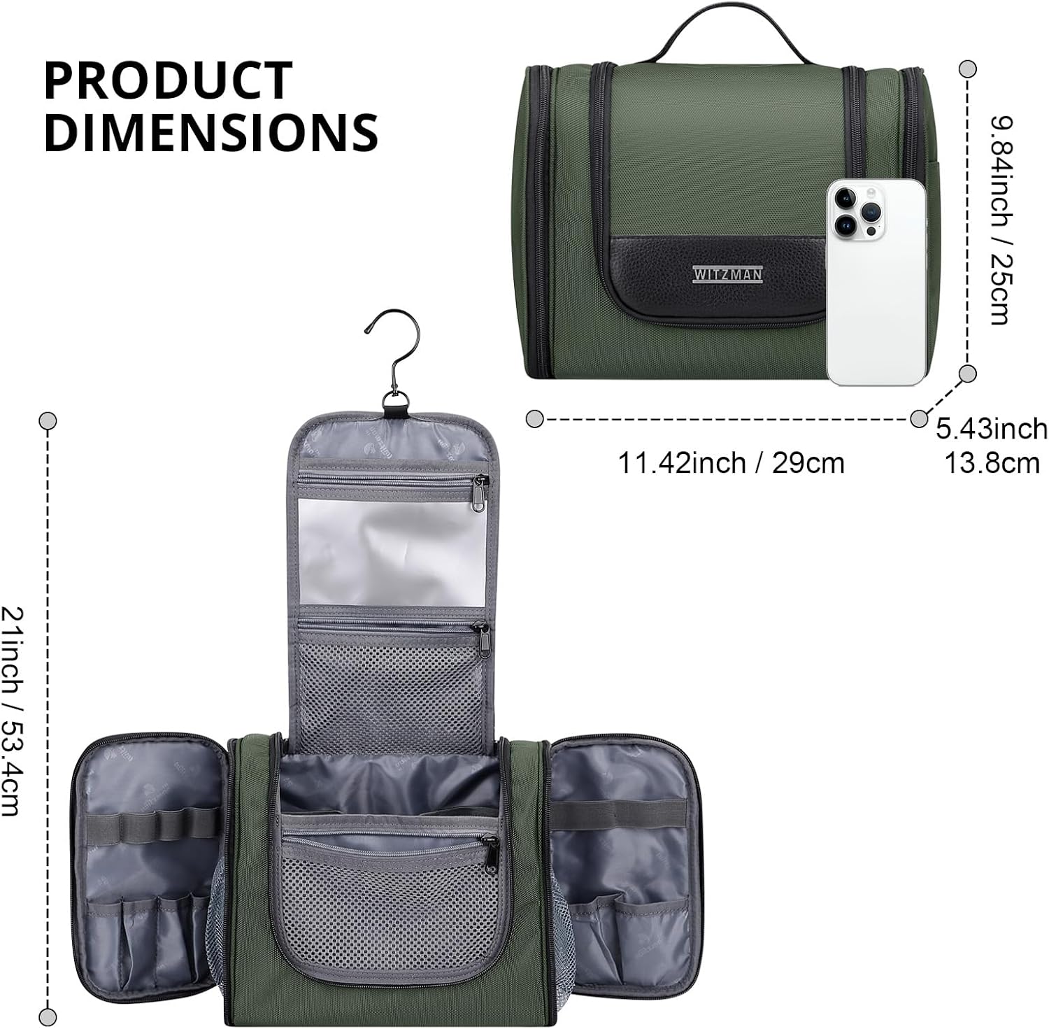 Thumbnail 5 de WITZMAN Large Hanging Toiletry Bag (Army Green) – Multi-Compartment Dopp Kit for Travel